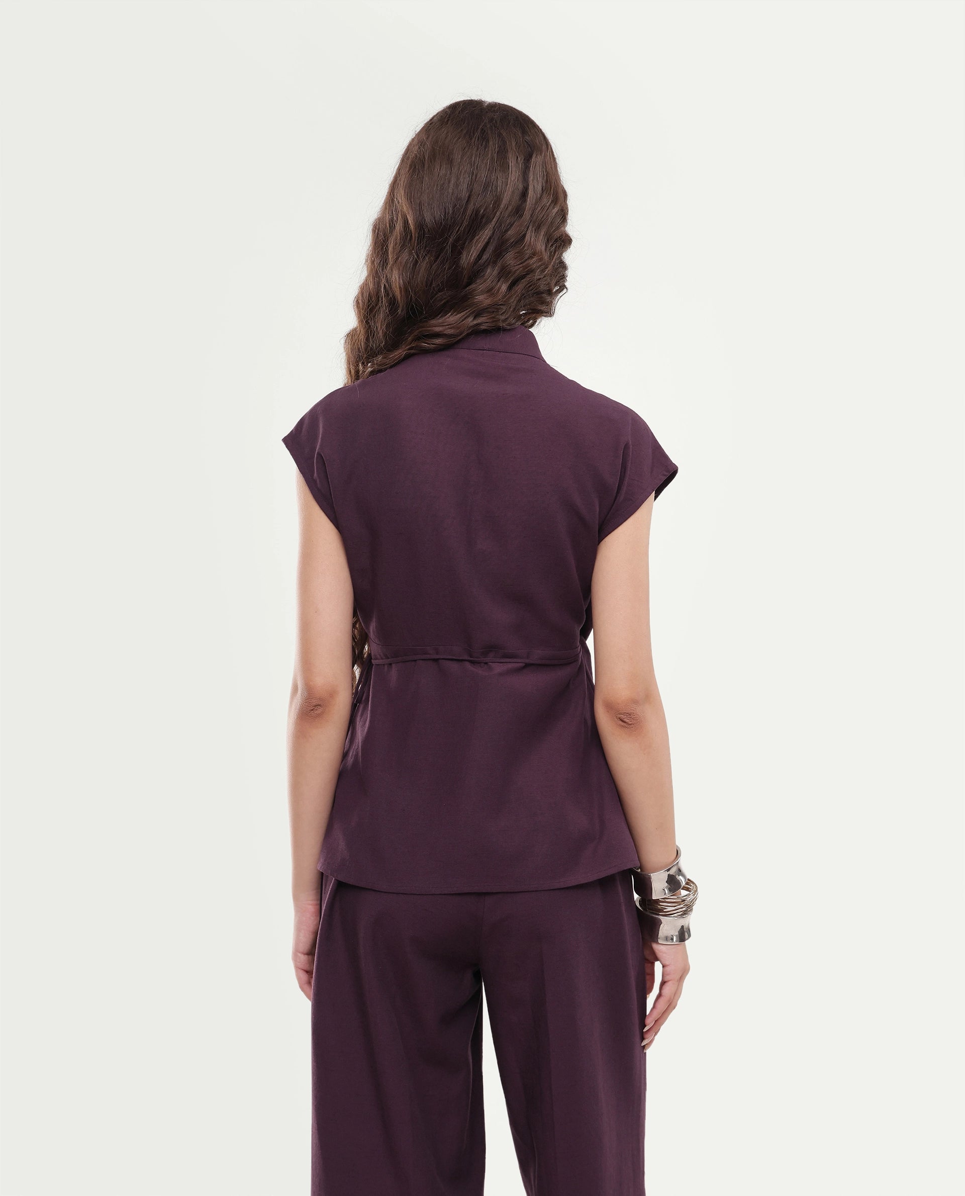 Rareism Women's Ileris-T Purple Linen Blend Tie-Up Wrap Top