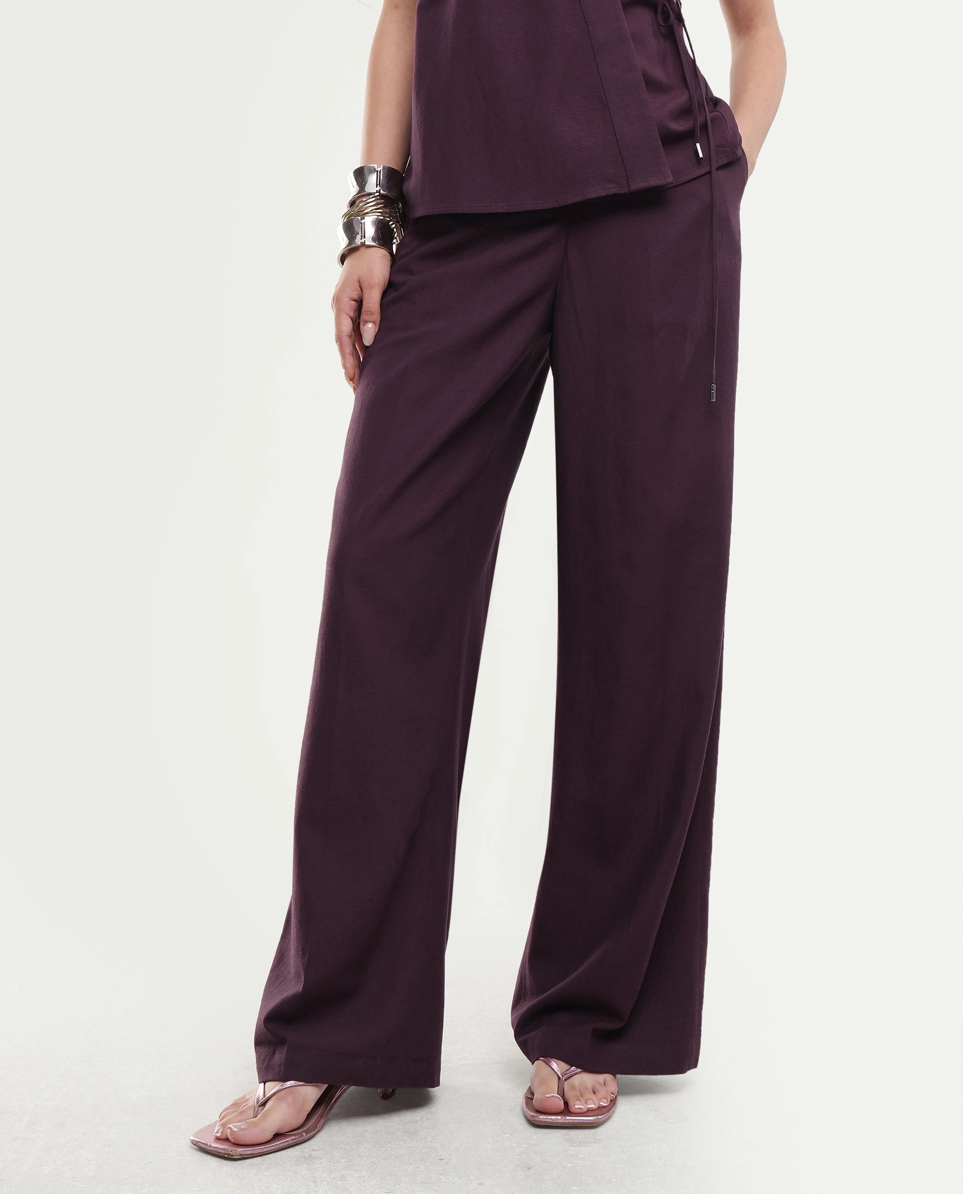 Rareism Women's Ileris-B Purple Linen Blend Button And Zip Wide Trouser