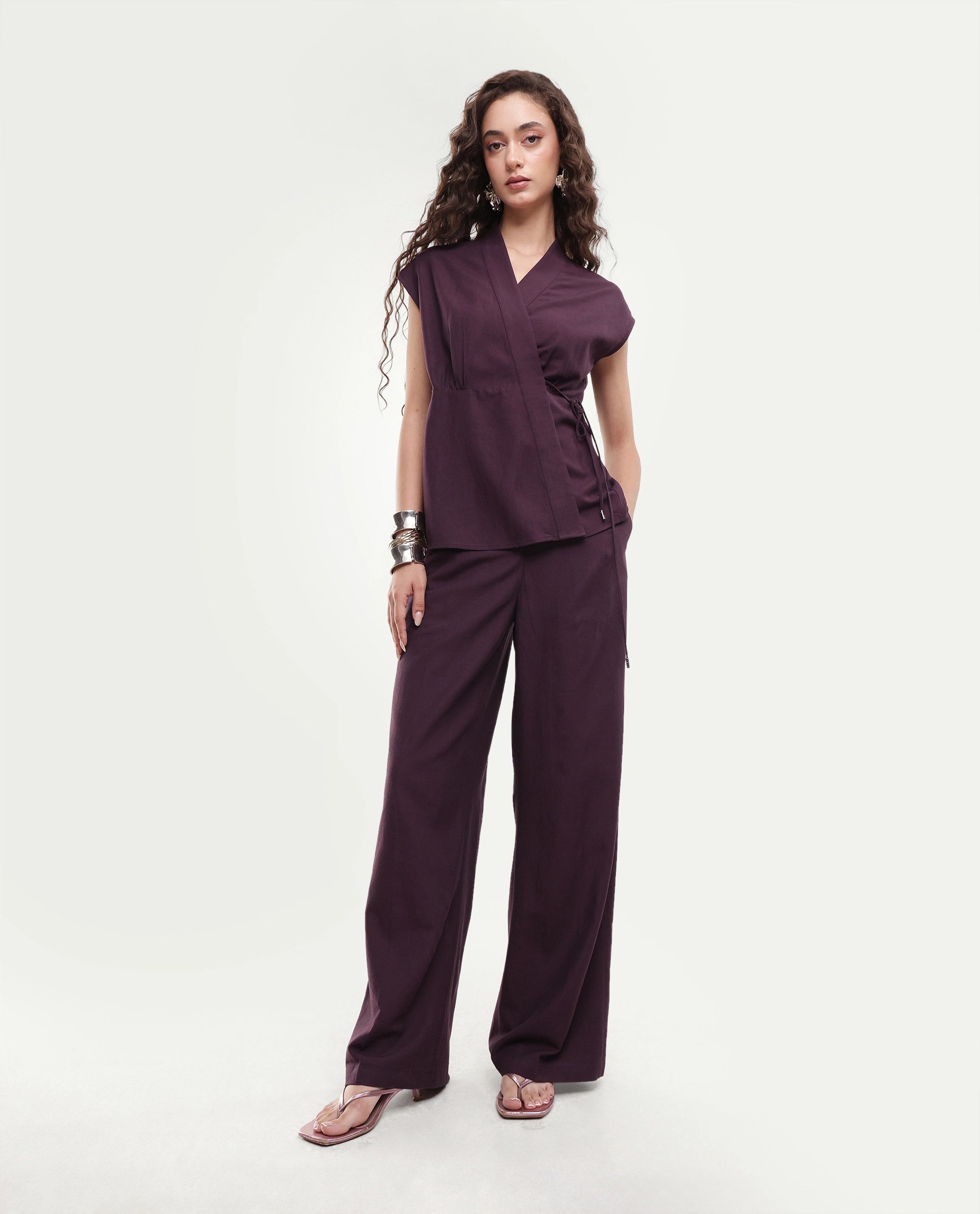 Rareism Women's Ileris-B Purple Linen Blend Button And Zip Wide Trouser