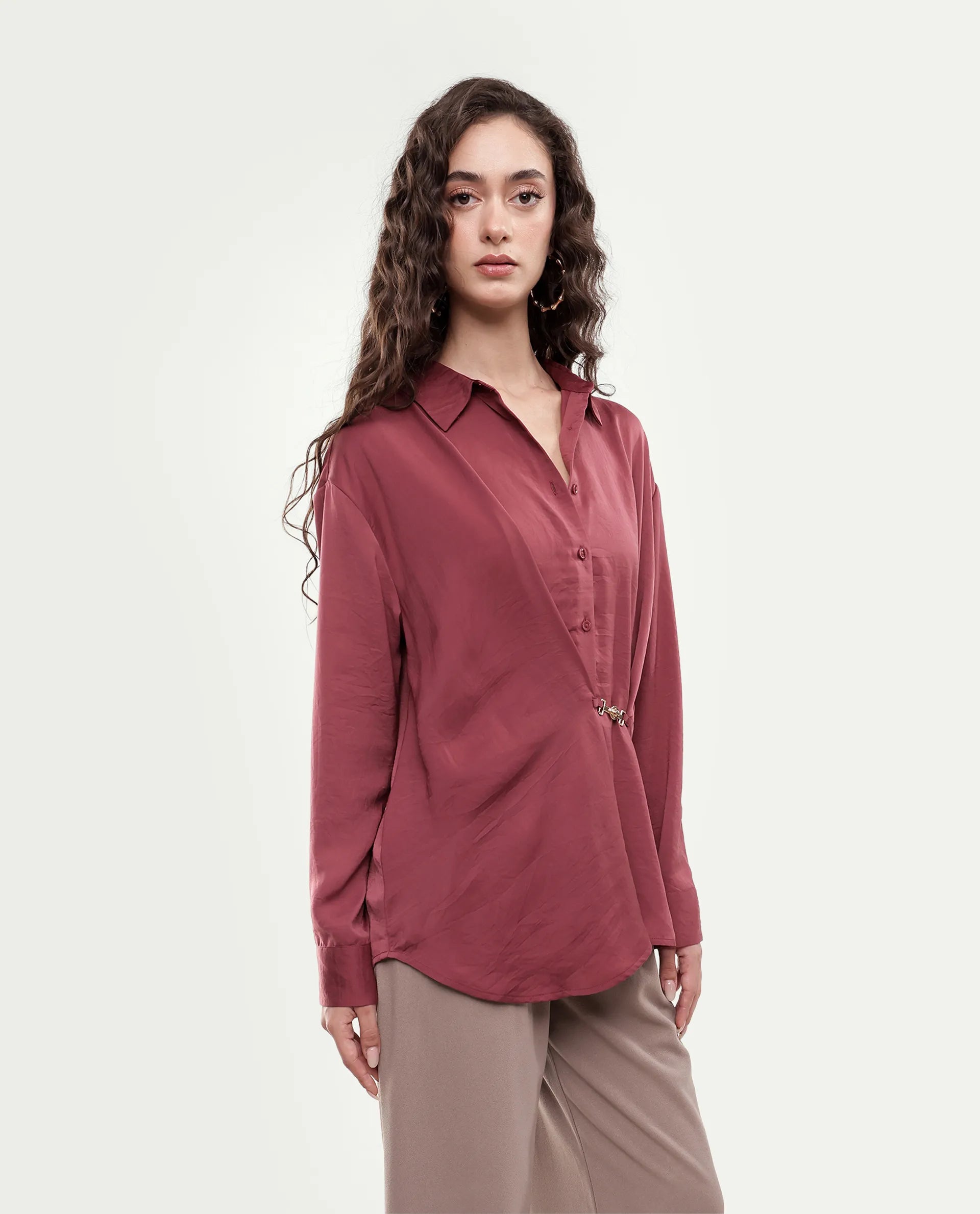 Rareism Women's Ilara Dusky Pink Polyester Button Relaxed Fit Shirt