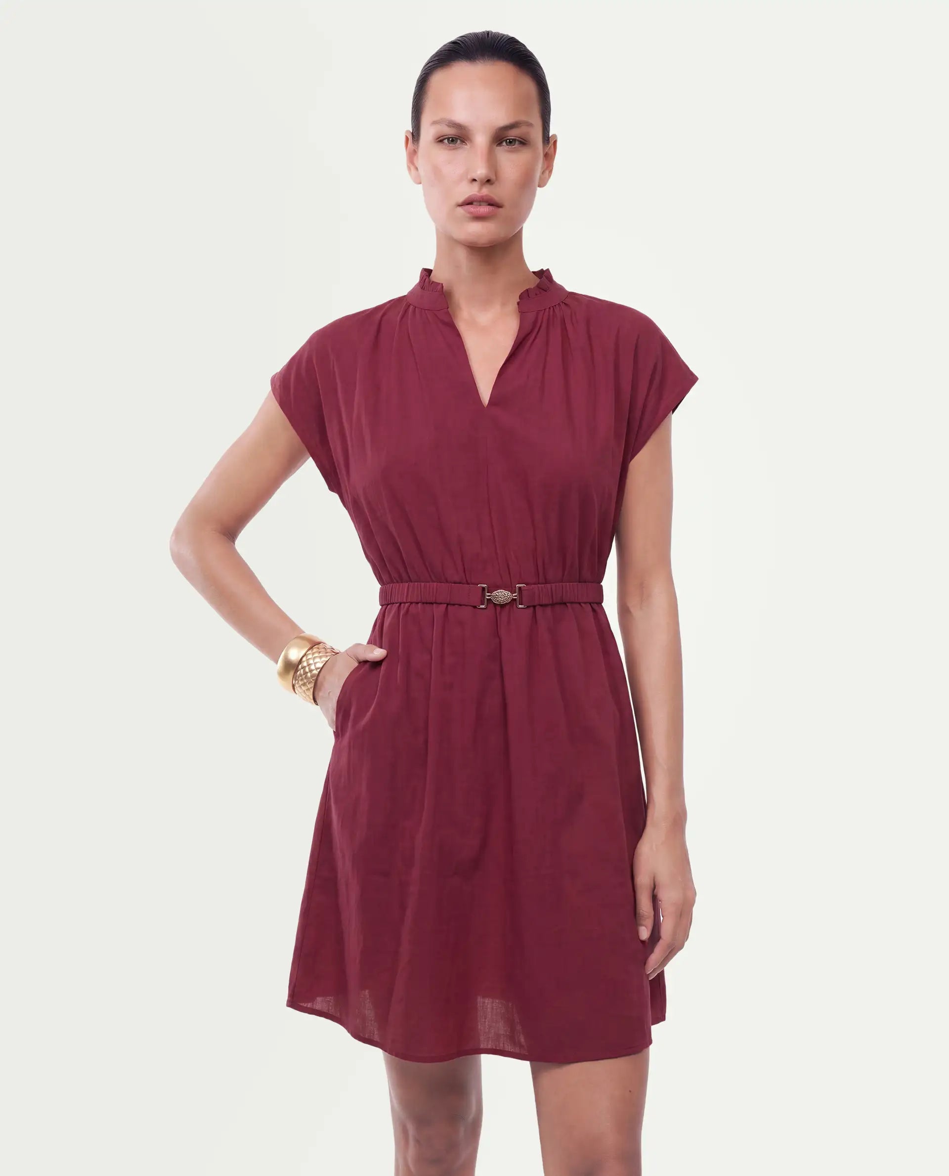 Rareism Women's Fenty Dark Red Cotton Pull-On A-Line Dress