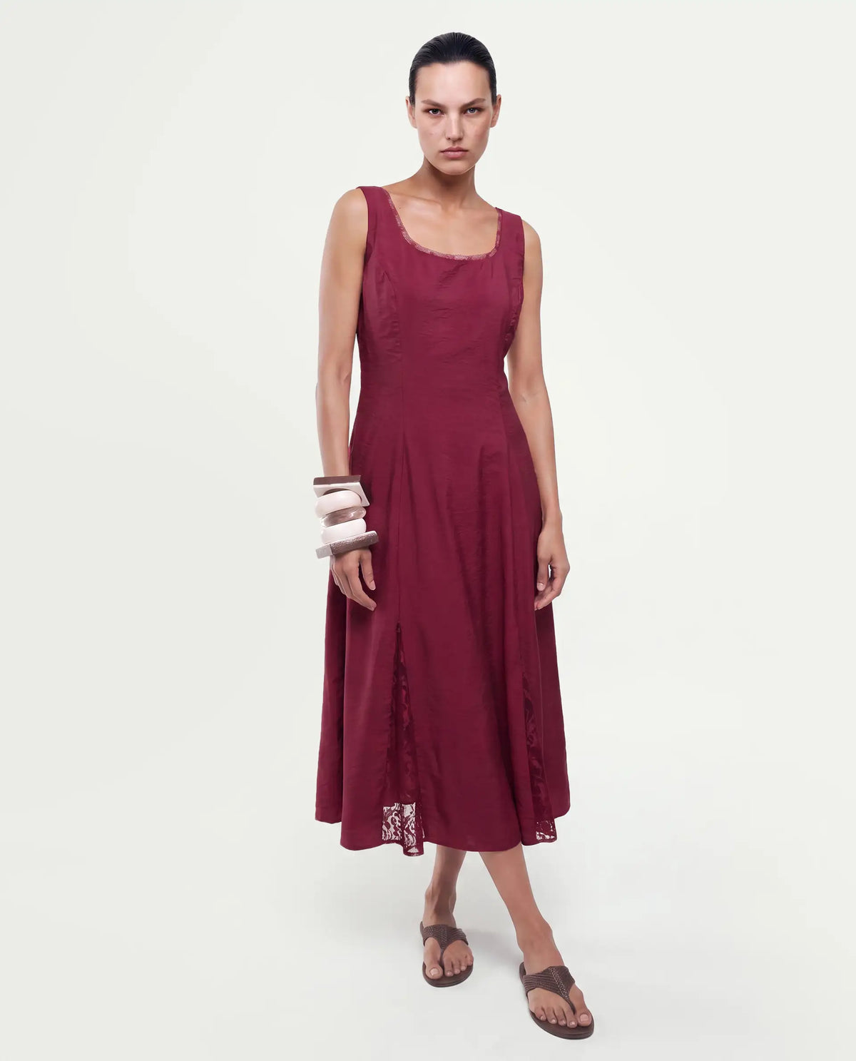 Rareism Women's Fench Dark Red Viscose Blend Zipper Fit And Flare Dress