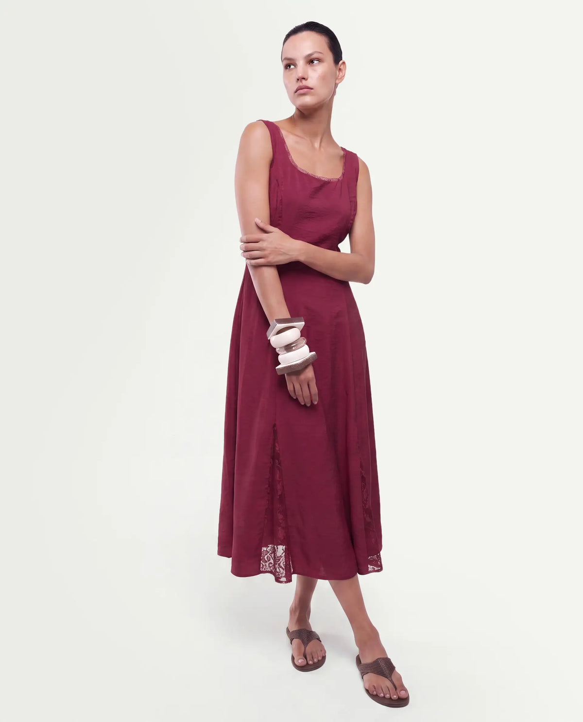 Rareism Women's Fench Dark Red Viscose Blend Zipper Fit And Flare Dress