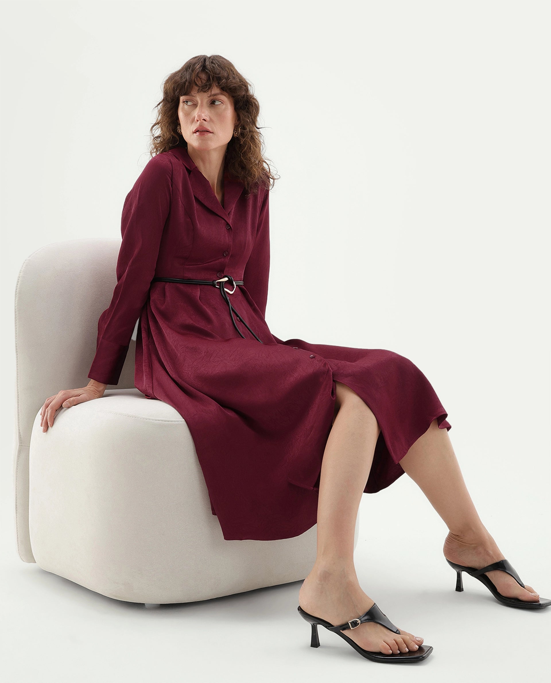 Rareism Women's Fasino Red Polyester Button Fit And Flare Dress