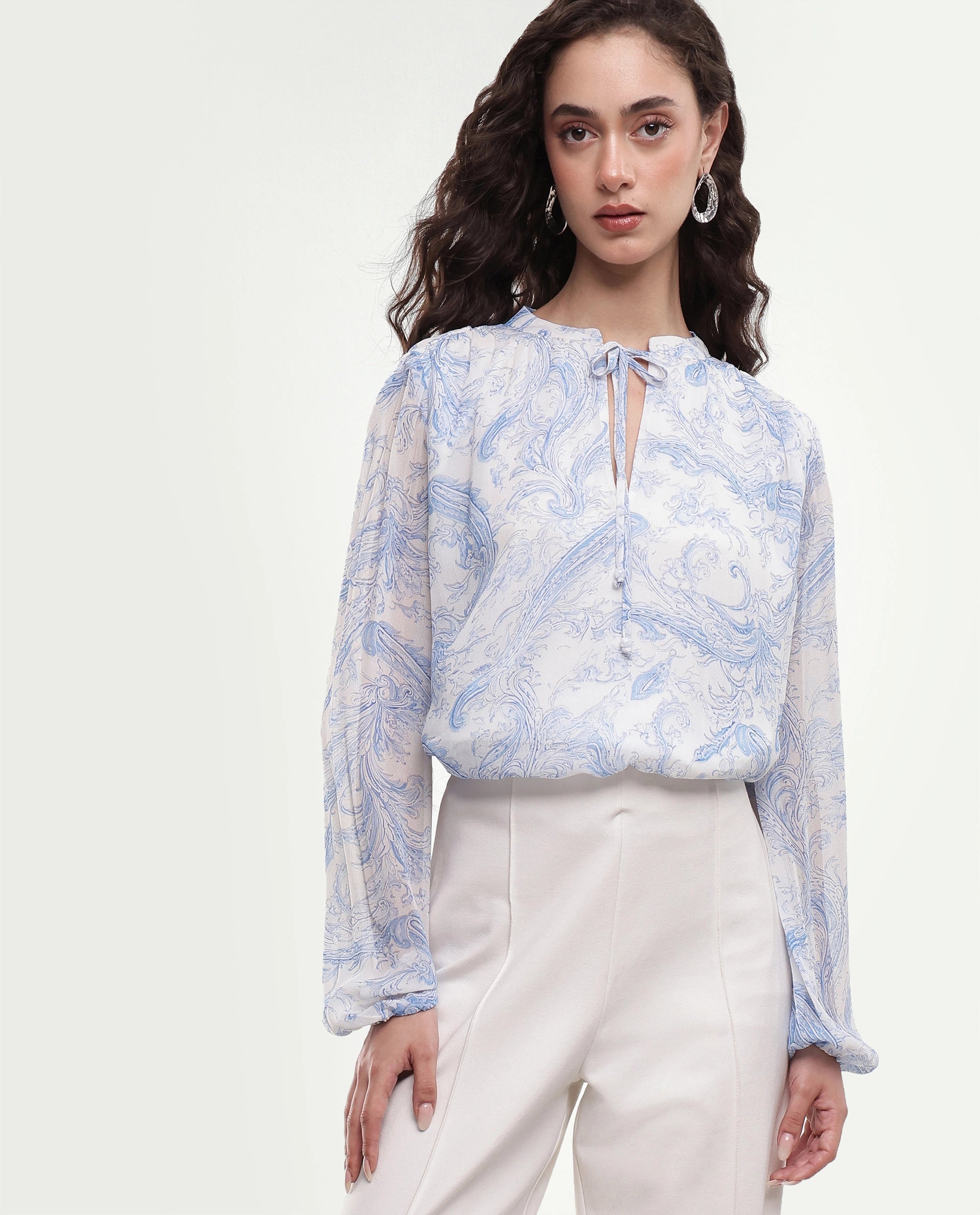 Rareism Women's Flip Light Blue Viscose Tie-Up Relaxed Fit Paisley Print Top