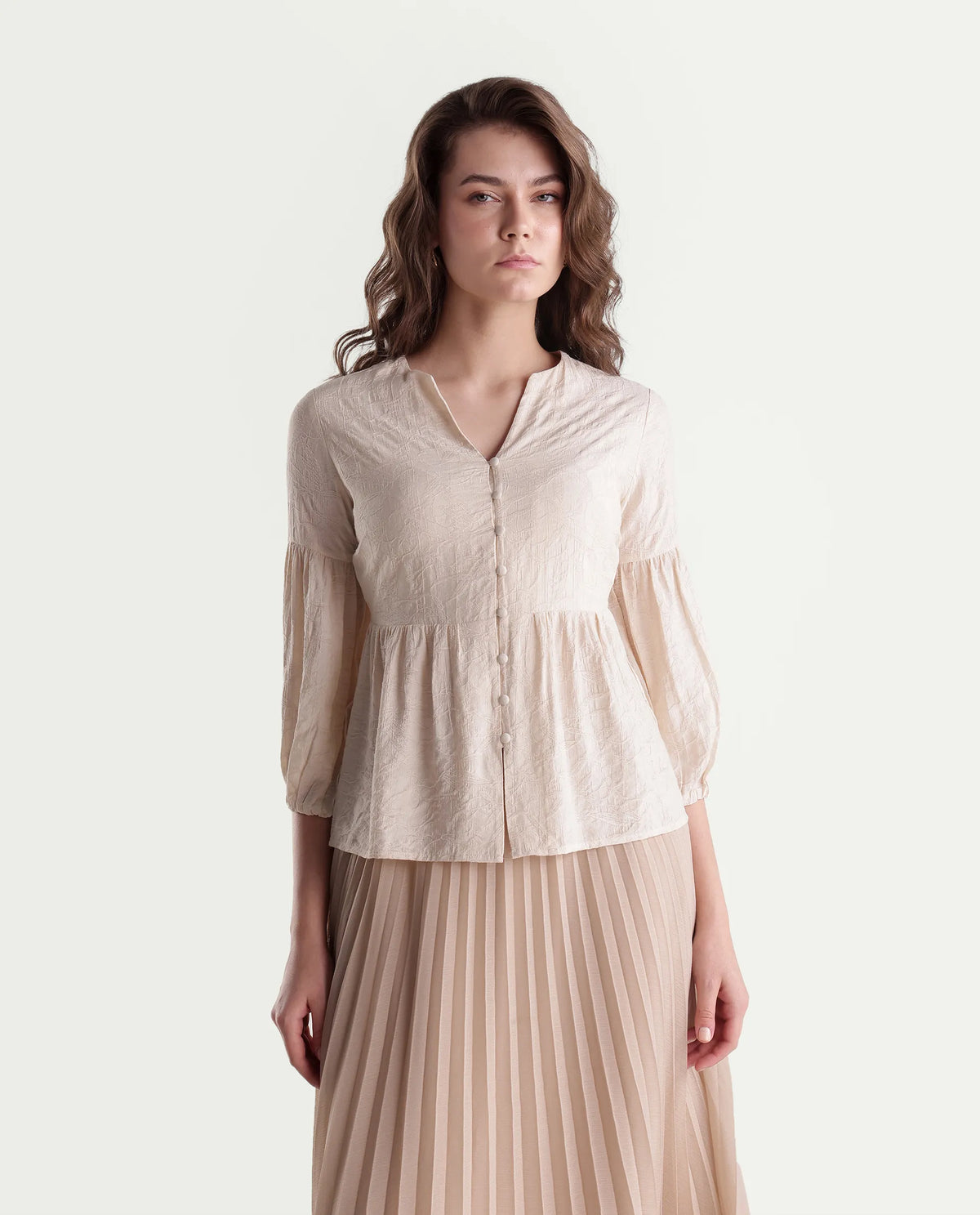 Rareism Women's Flun Light Beige Viscose Blend Button Peplum Jacquard Top
