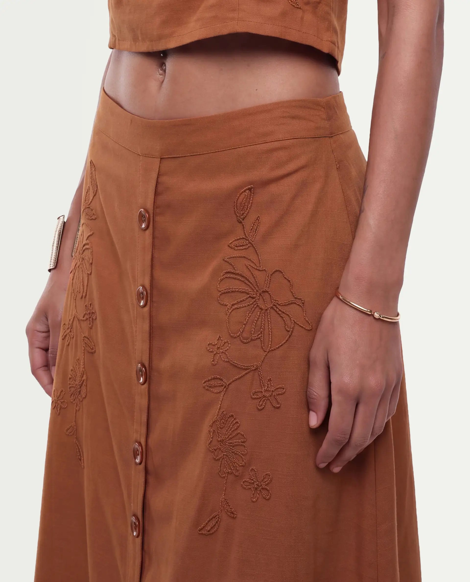 Rareism Women's Fosse-B Dark Mustard Viscose Elastic A-Line Embroidered Skirt