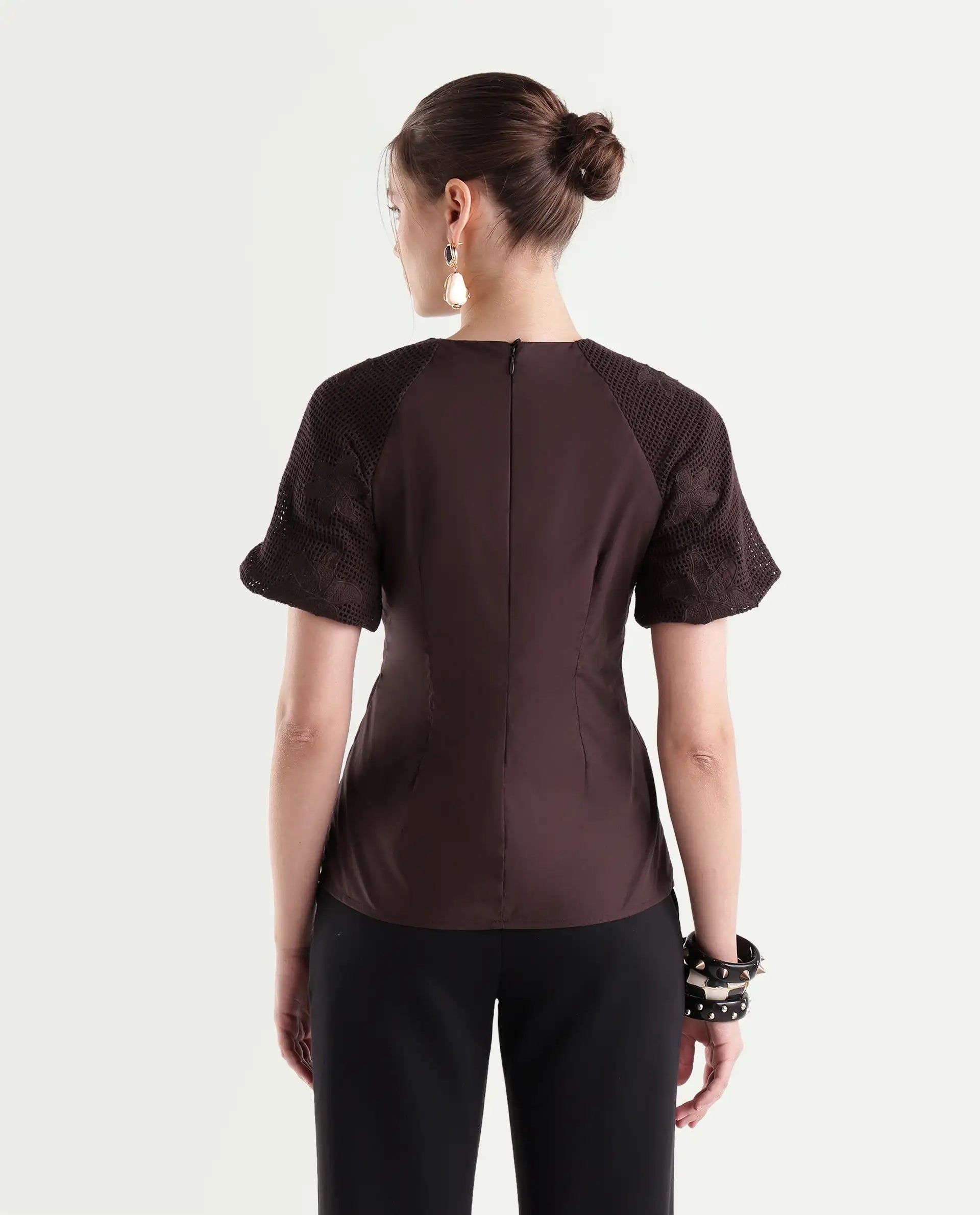 Rareism Women's Yoru Brown Cotton Button And Zip Regular Fit Top