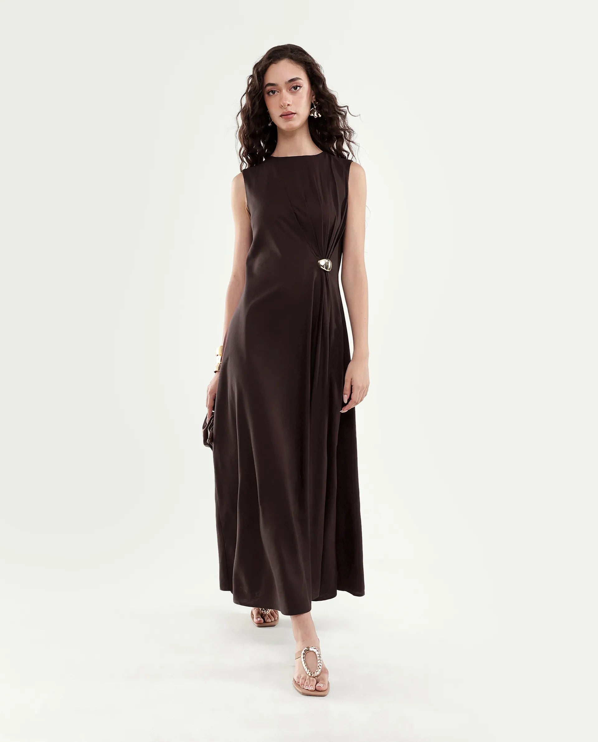 Rareism Women's Jensero-Aw26 Brown Viscose Button And Zip Fit And Flare Dress