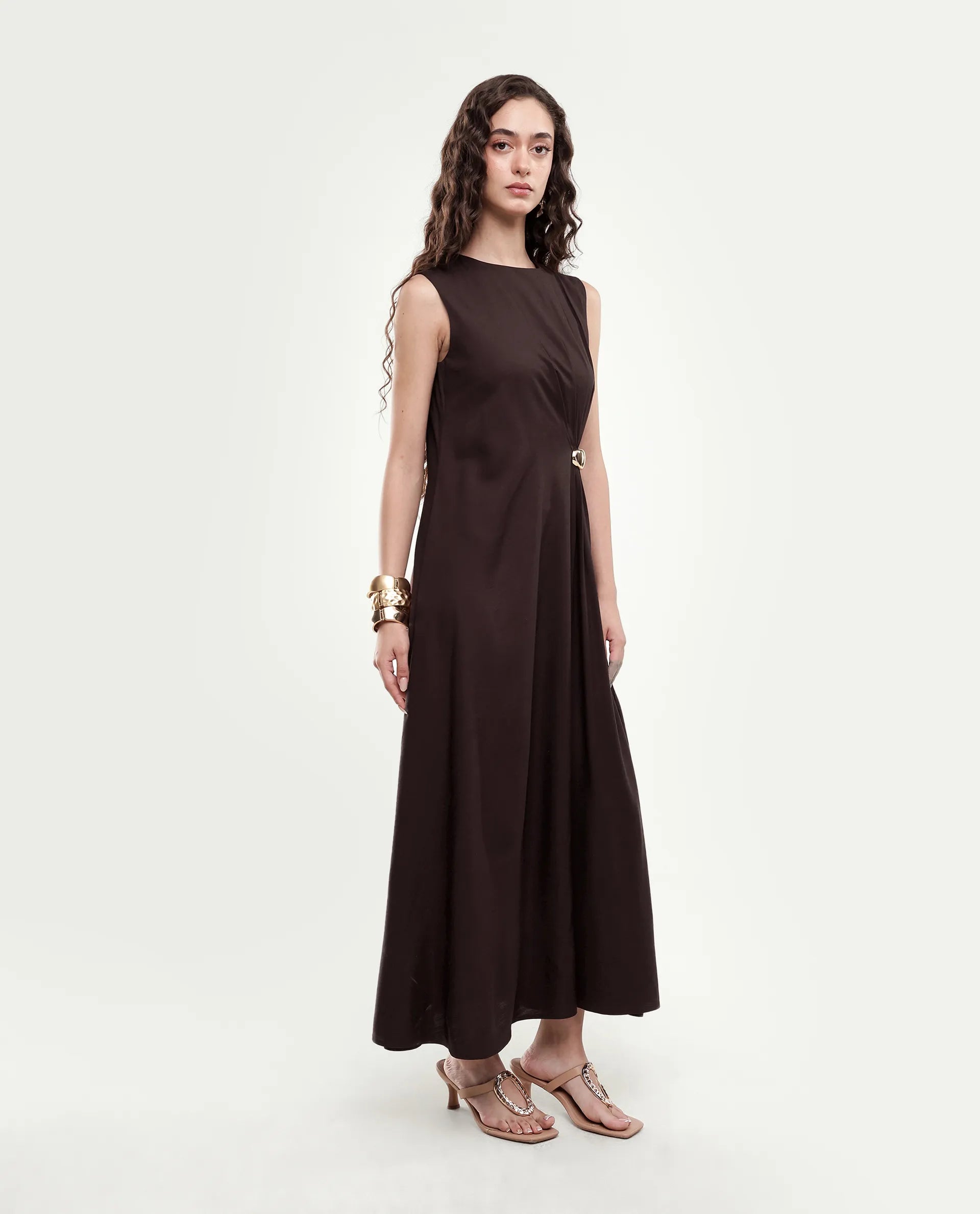 Rareism Women's Jensero-Aw26 Brown Viscose Button And Zip Fit And Flare Dress