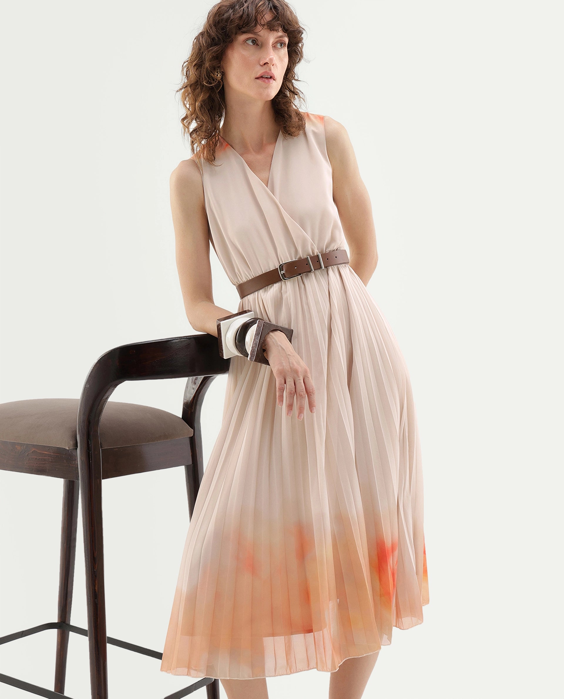 Rareism Women's Ineza Beige Polyester Pull-On Fit And Flare Abstract Print Dress