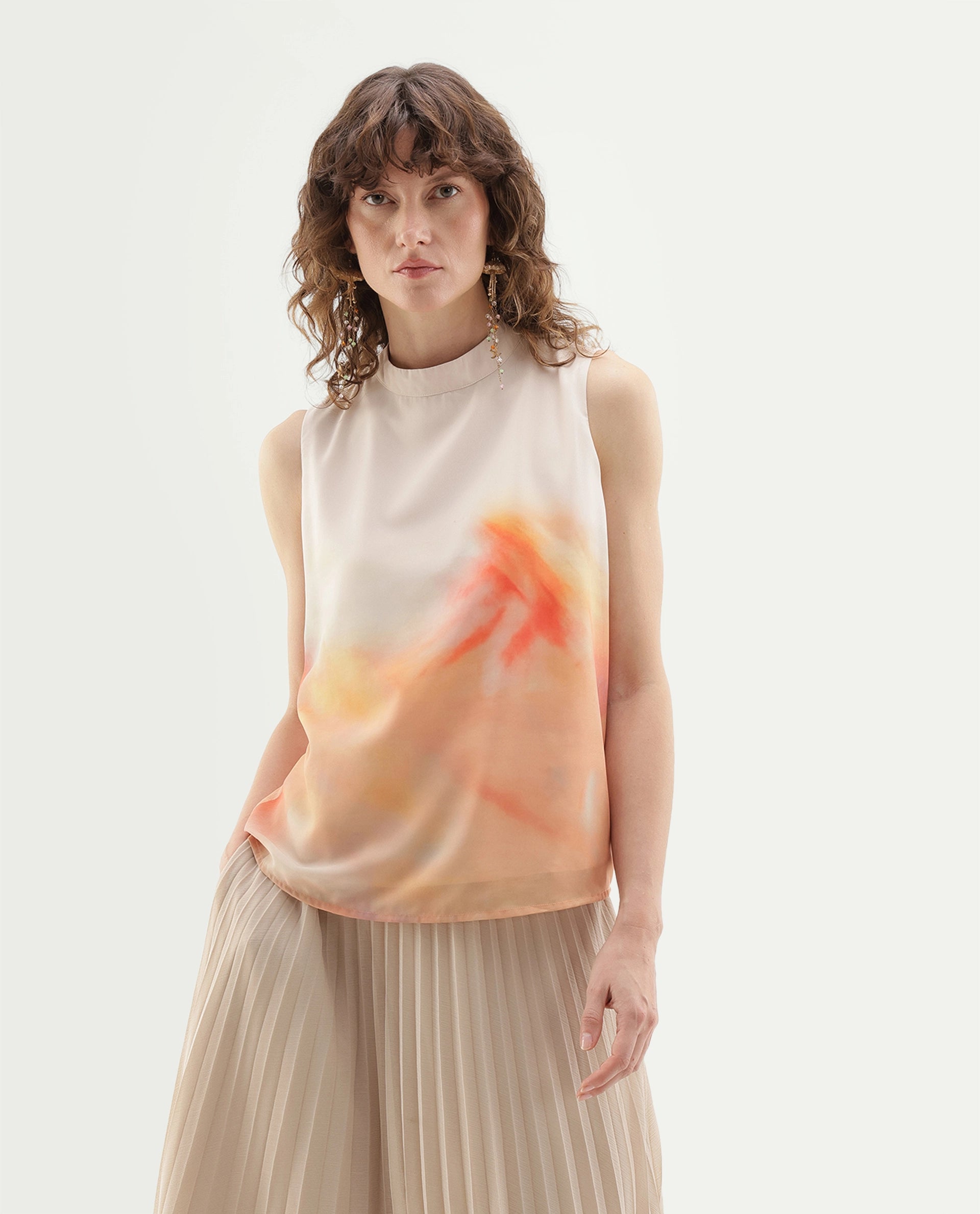 Rareism Women's Inezim Beige Polyester Pull-On Regular Fit Abstract Print Top