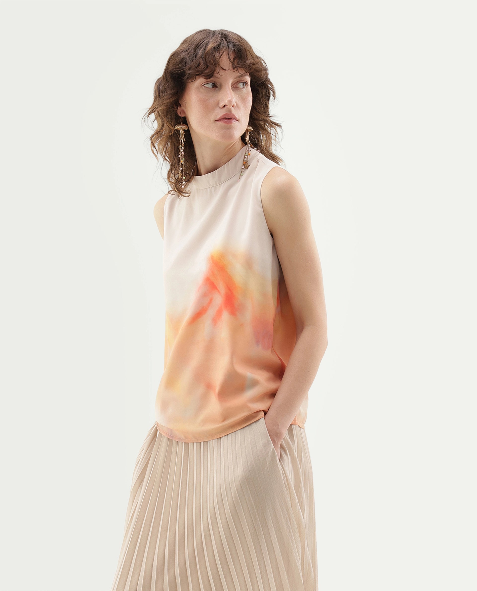 Rareism Women's Inezim Beige Polyester Pull-On Regular Fit Abstract Print Top
