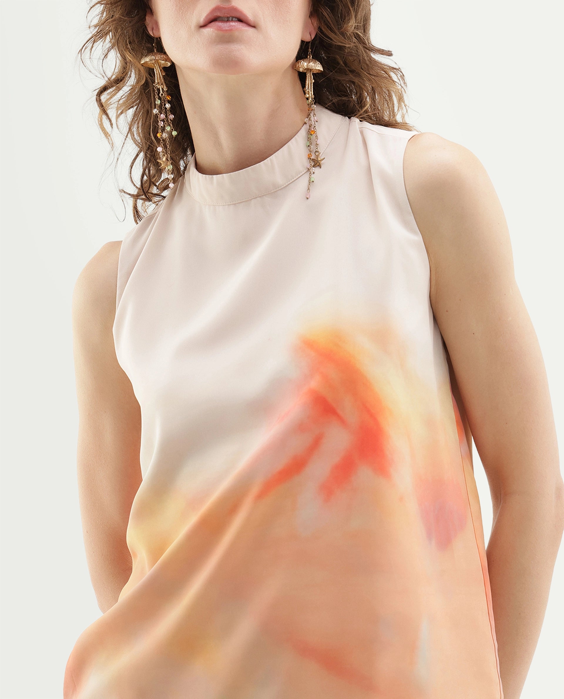 Rareism Women's Inezim Beige Polyester Pull-On Regular Fit Abstract Print Top