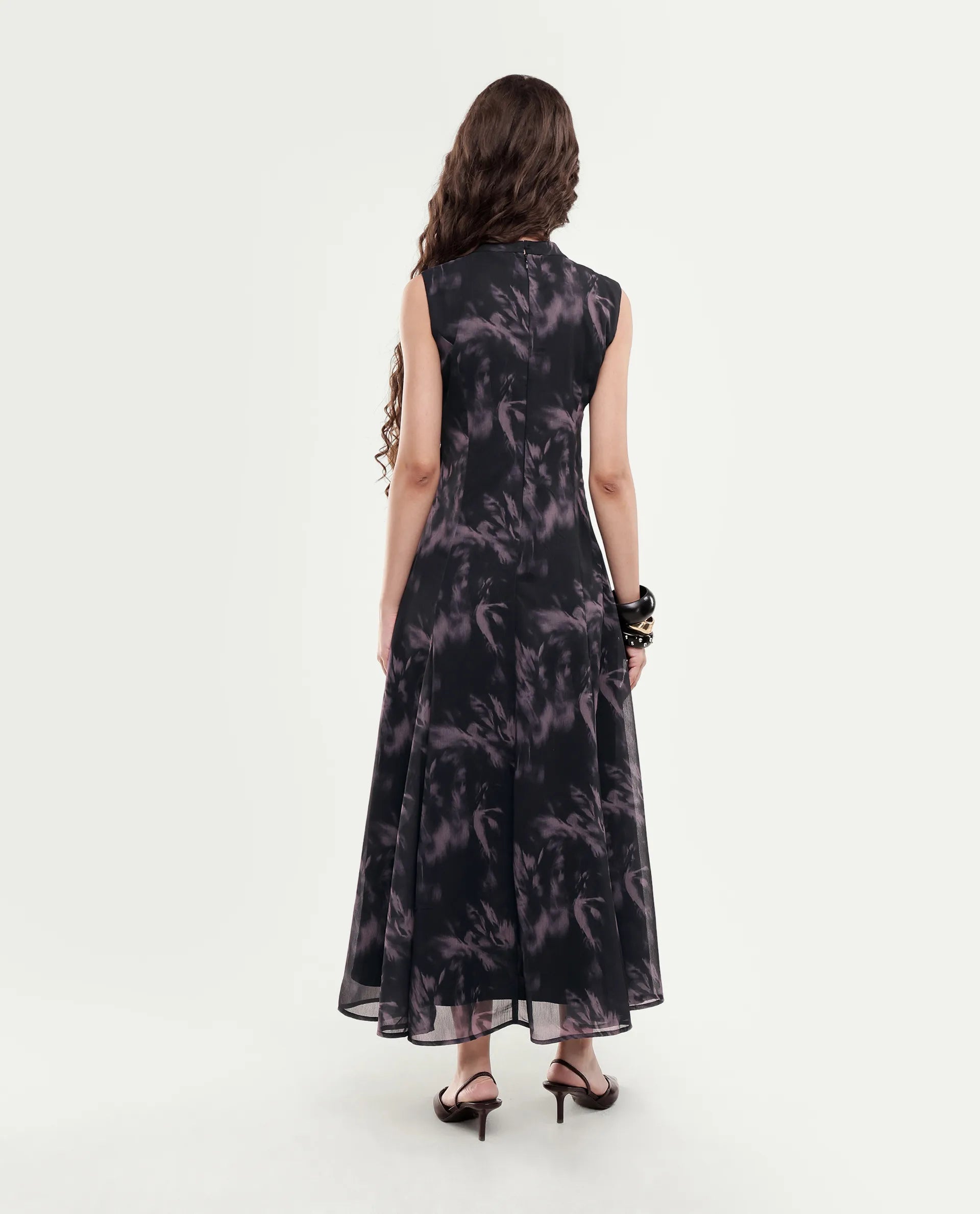 Rareism Women's Isbel Black Polyester Button And Zip Fit And Flare Abstract Print Dress