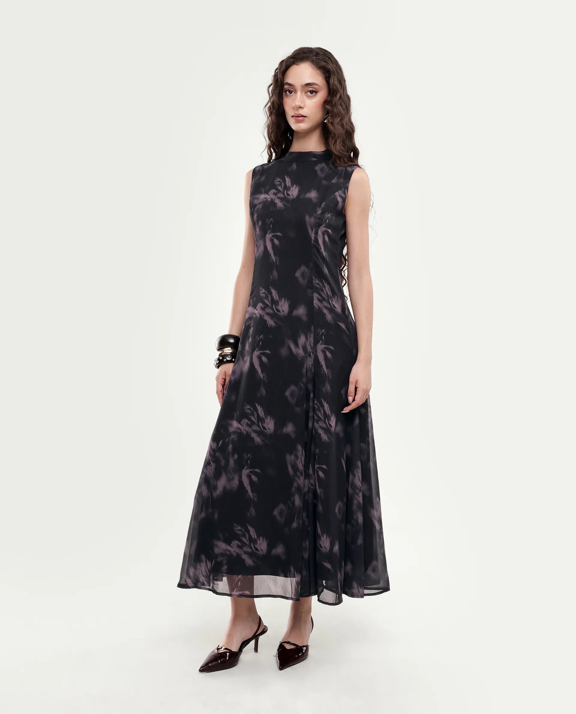 Rareism Women's Isbel Black Polyester Button And Zip Fit And Flare Abstract Print Dress
