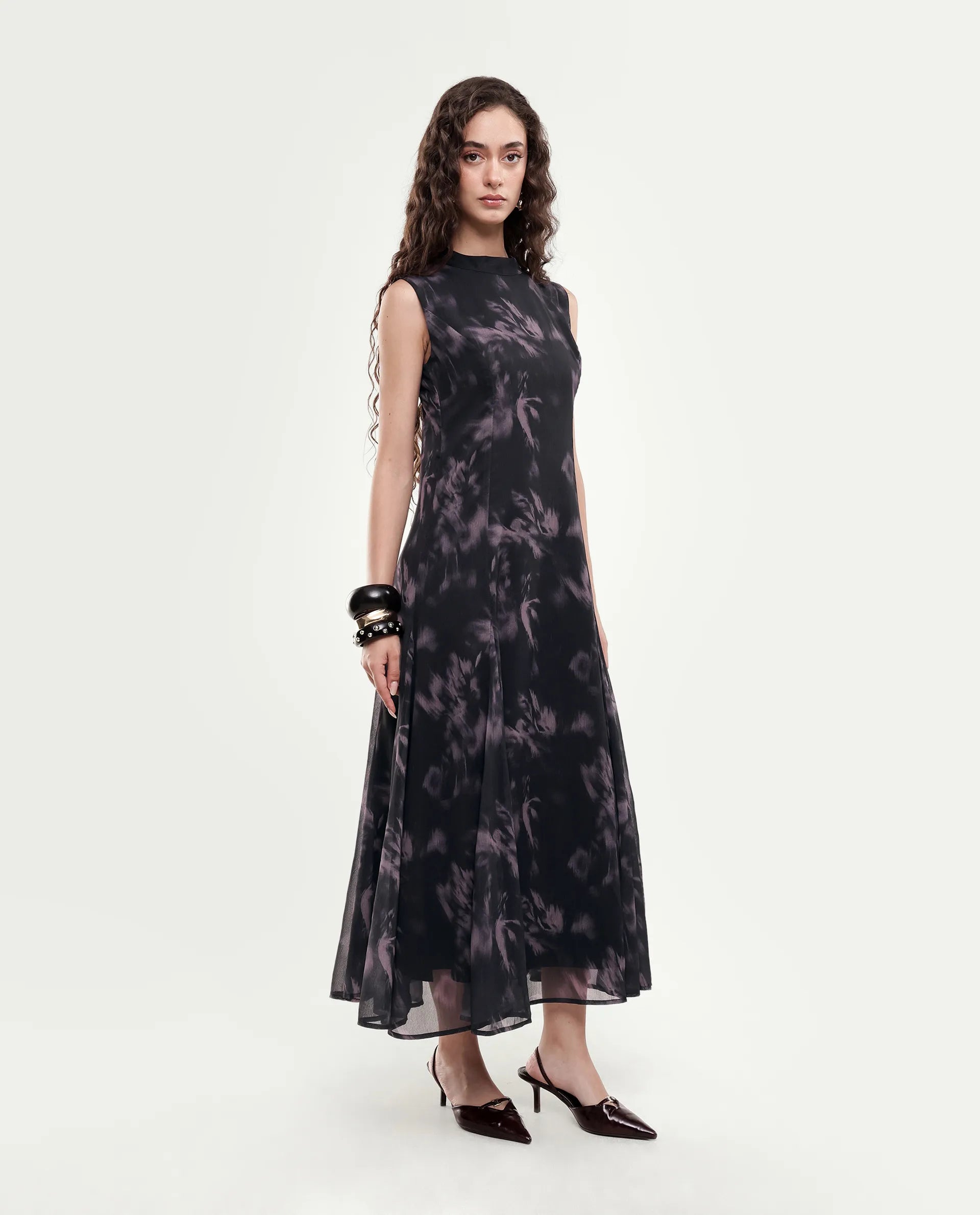 Rareism Women's Isbel Black Polyester Button And Zip Fit And Flare Abstract Print Dress