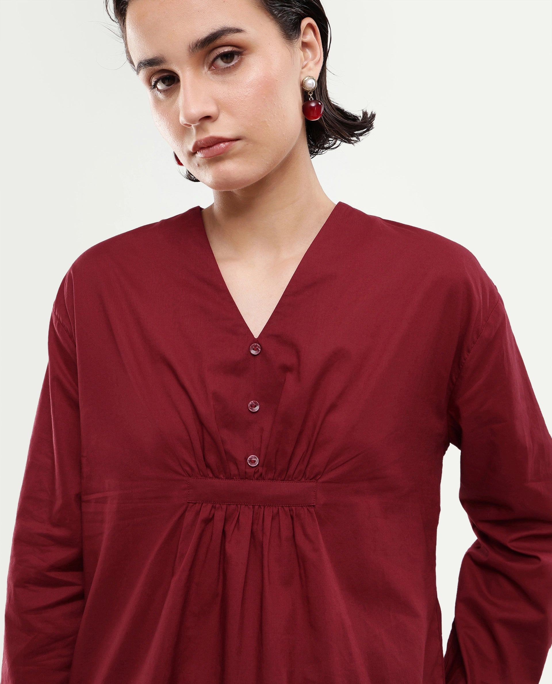 Rareism Women's Saron Dark Red Plain Cotton Relaxed Long Sleeves Top