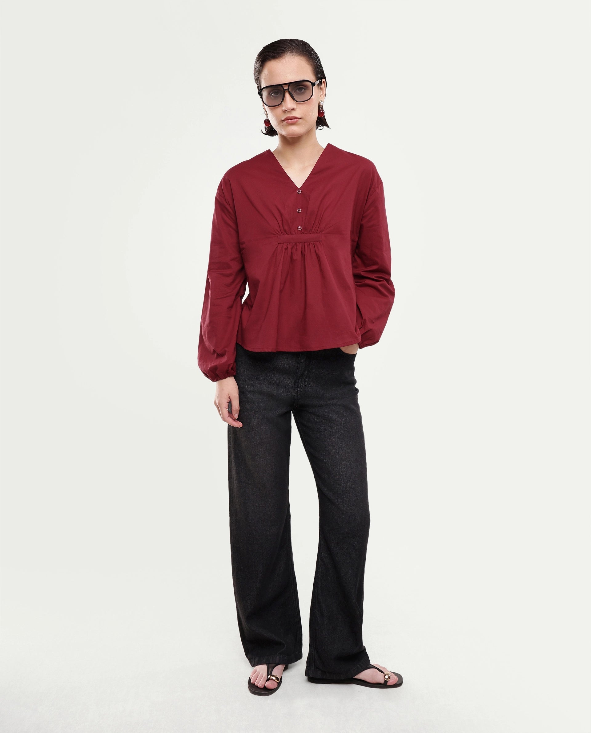 Rareism Women's Saron Dark Red Plain Cotton Relaxed Long Sleeves Top