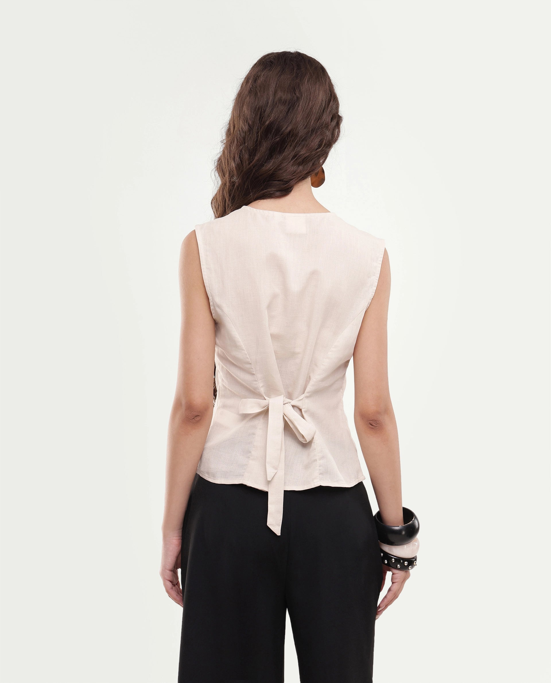 Rareism Women's Sarel Beige Linen Blend Button Regular Fit Top