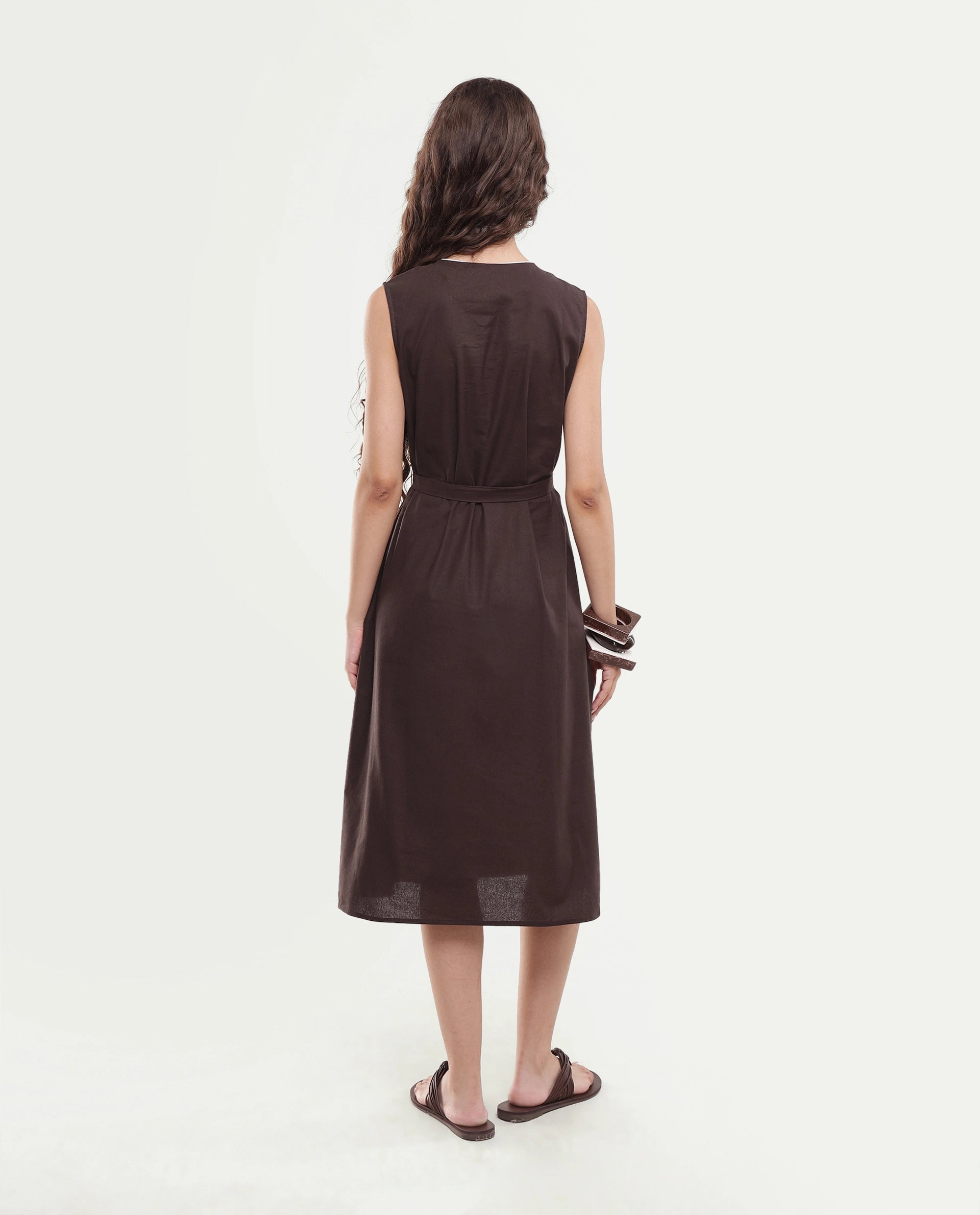 Rareism Women's Silvor Dark Brown Cotton Pull-On A-Line Dress