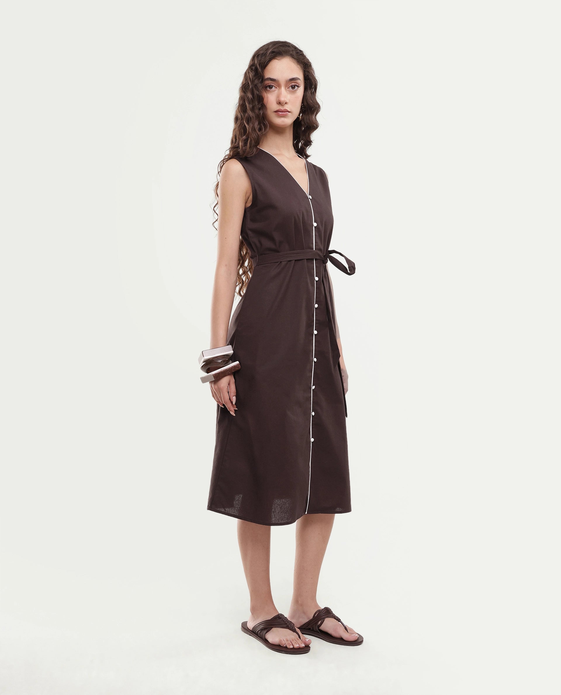 Rareism Women's Silvor Dark Brown Cotton Pull-On A-Line Dress