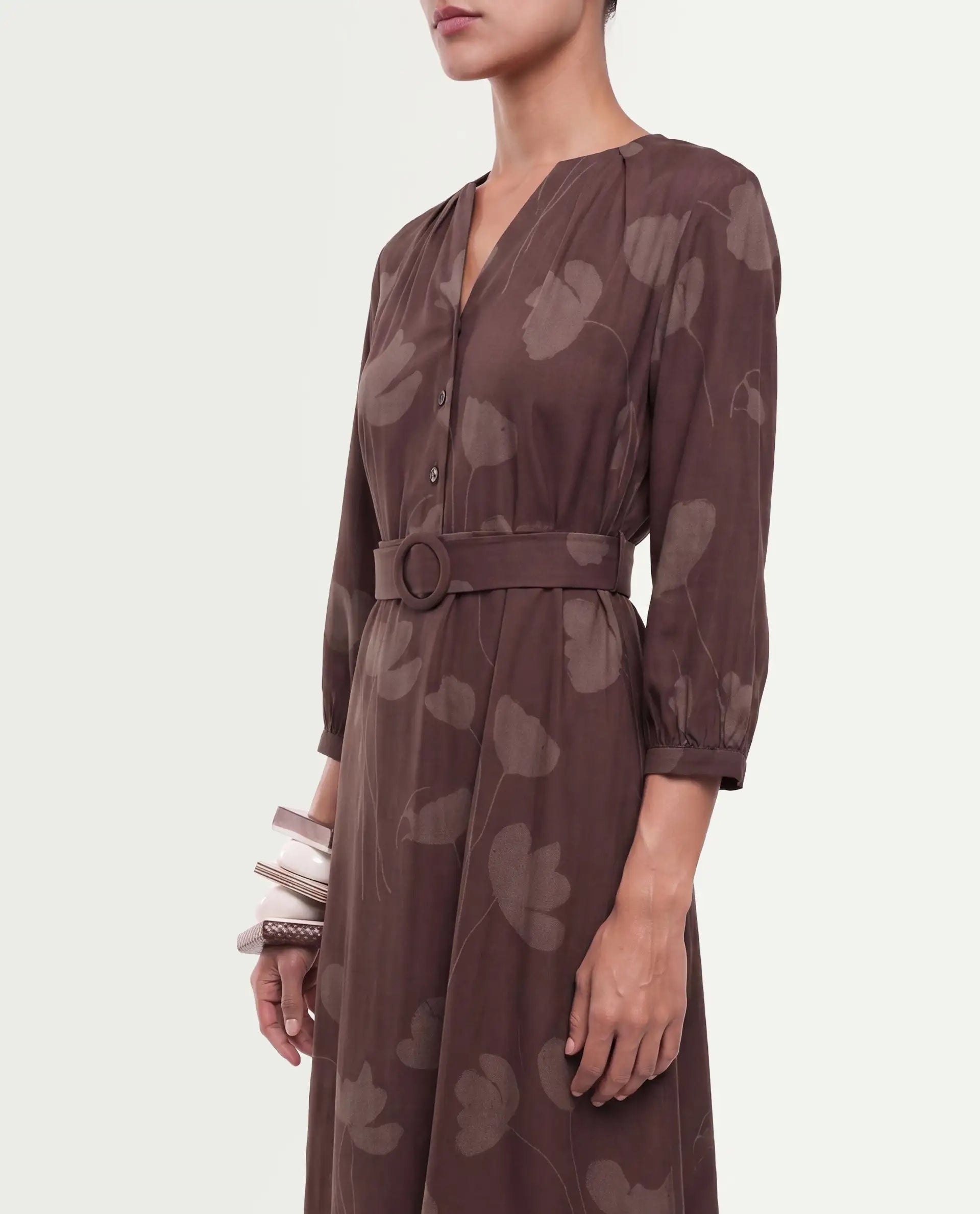 Rareism Women's Stuff Dark Brown Viscose Button A-Line Floral Print Dress