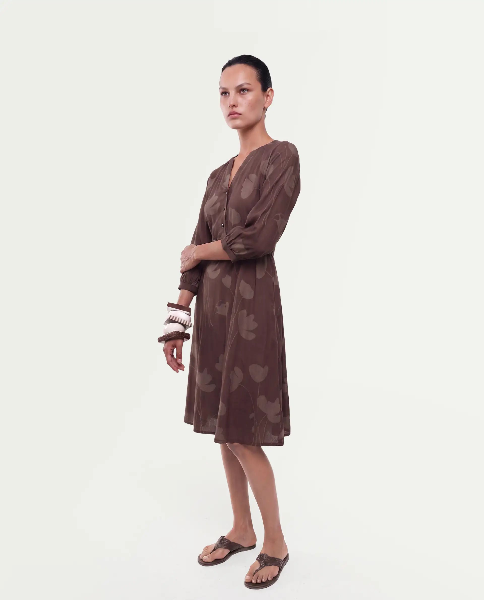 Rareism Women's Stuff Dark Brown Viscose Button A-Line Floral Print Dress