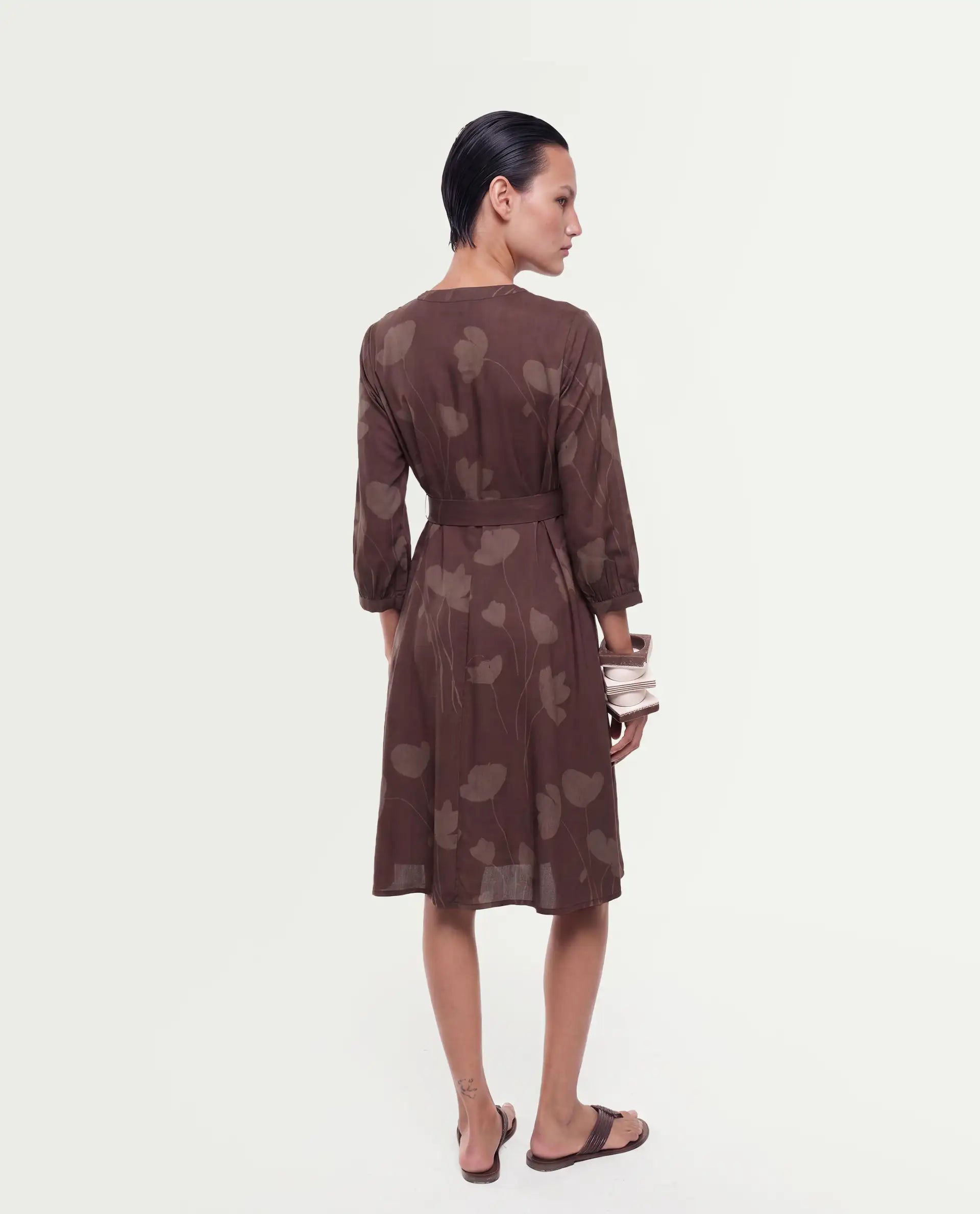 Rareism Women's Stuff Dark Brown Viscose Button A-Line Floral Print Dress