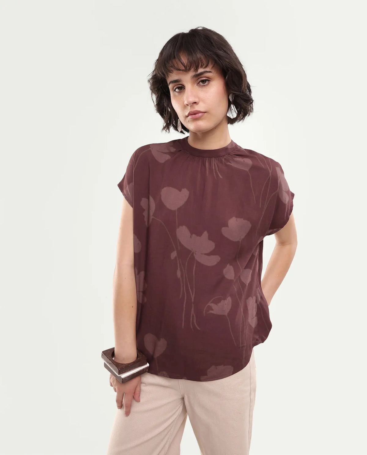 Rareism Women's Sato Dark Brown Viscose Button Relaxed Fit Floral Print Top