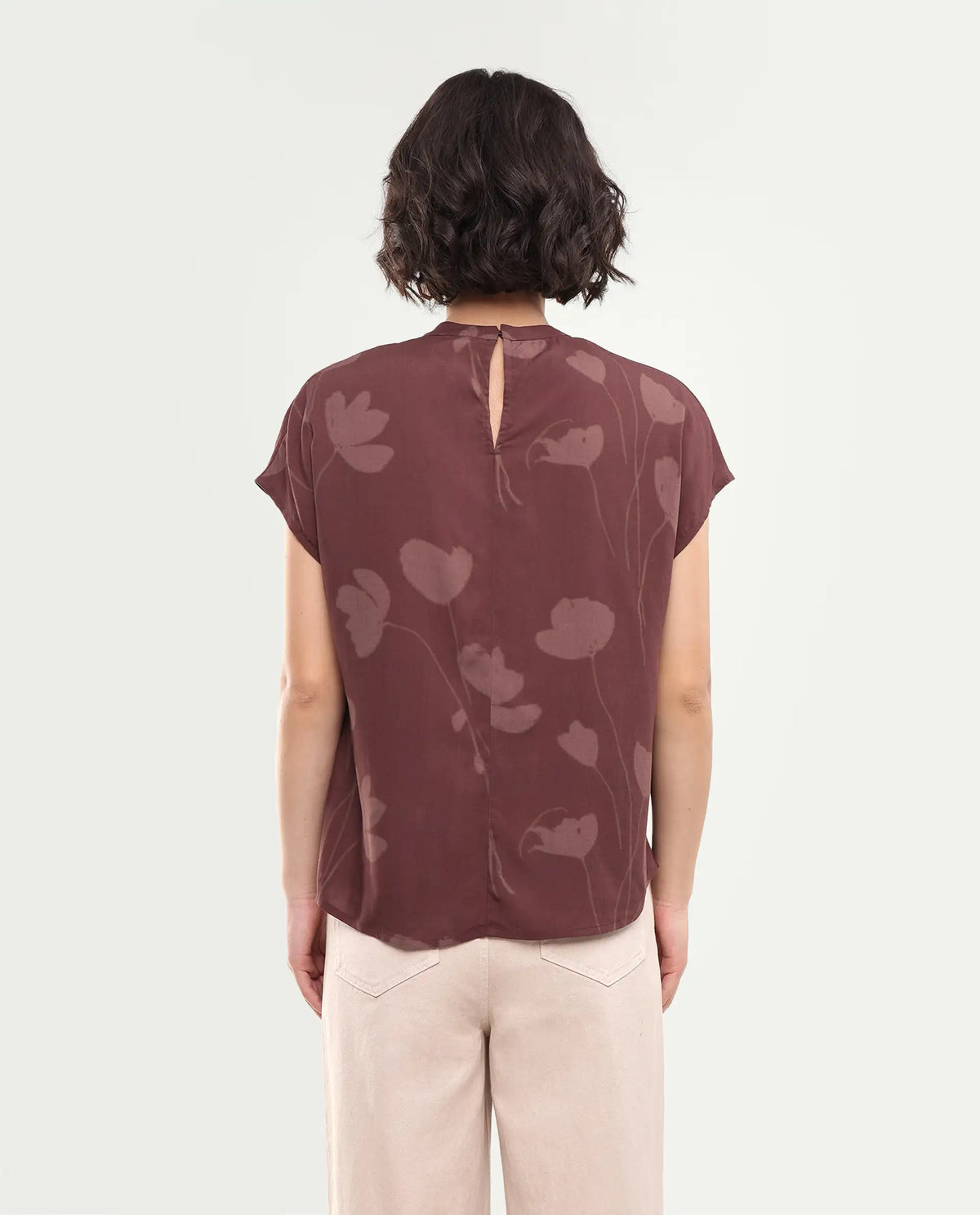 Rareism Women's Sato Dark Brown Viscose Button Relaxed Fit Floral Print Top