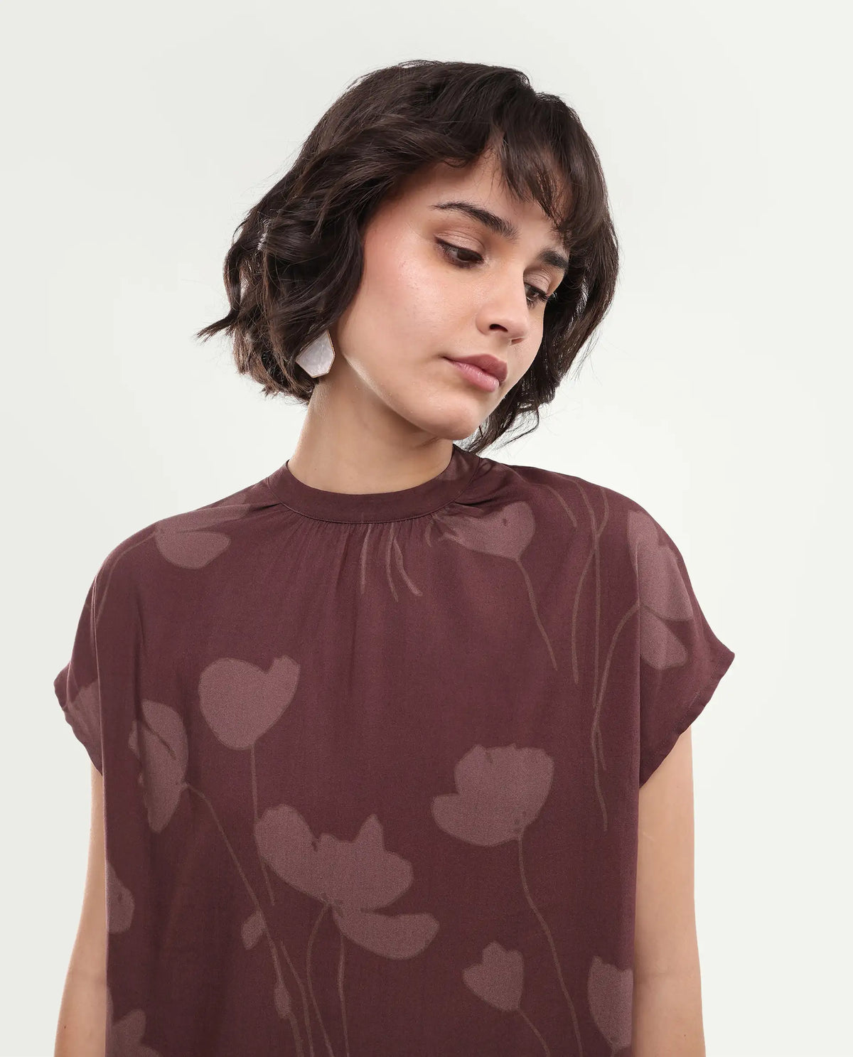 Rareism Women's Sato Dark Brown Viscose Button Relaxed Fit Floral Print Top