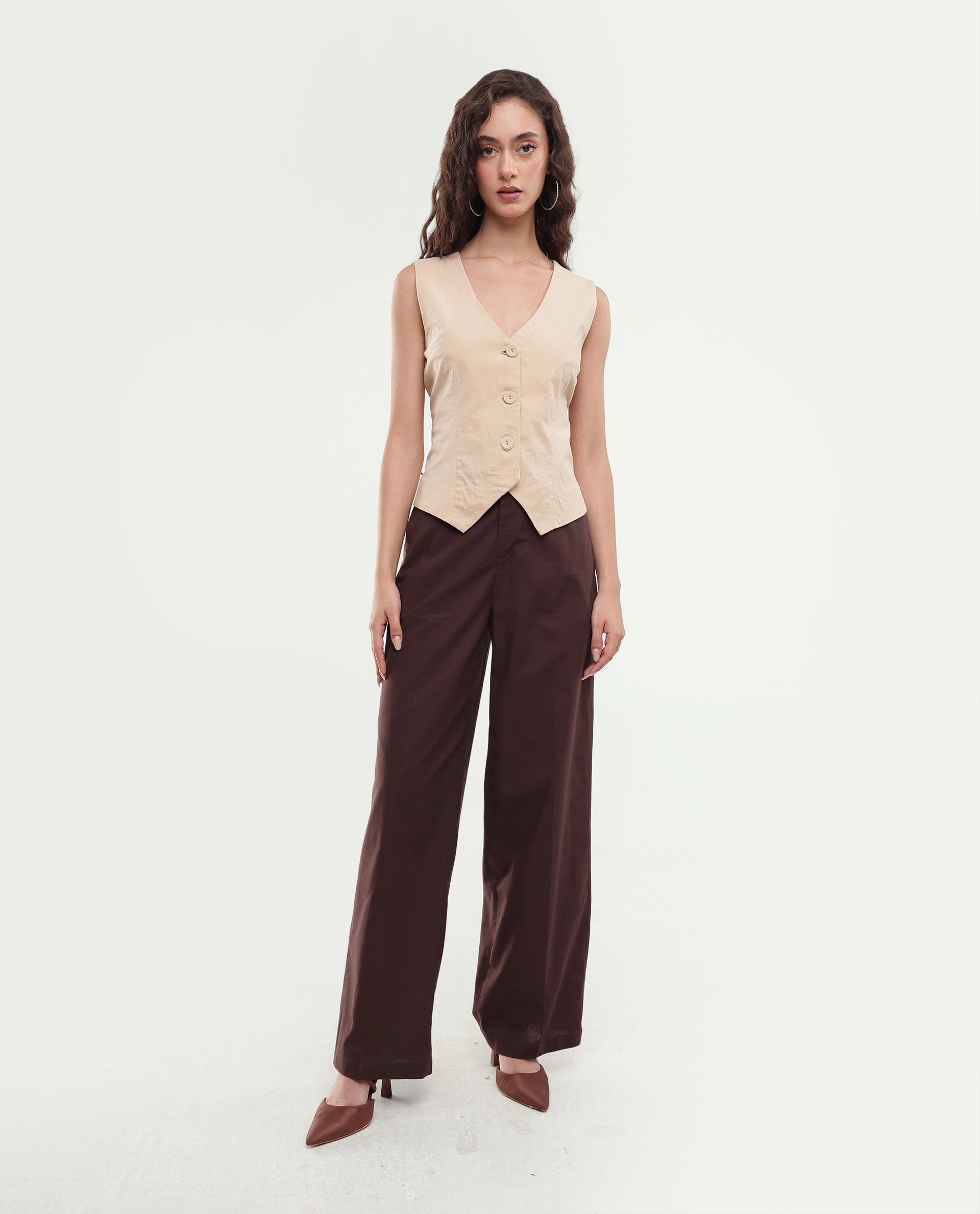 Rareism Women's Stem Dark Brown Cotton Button And Zip Straight Trouser