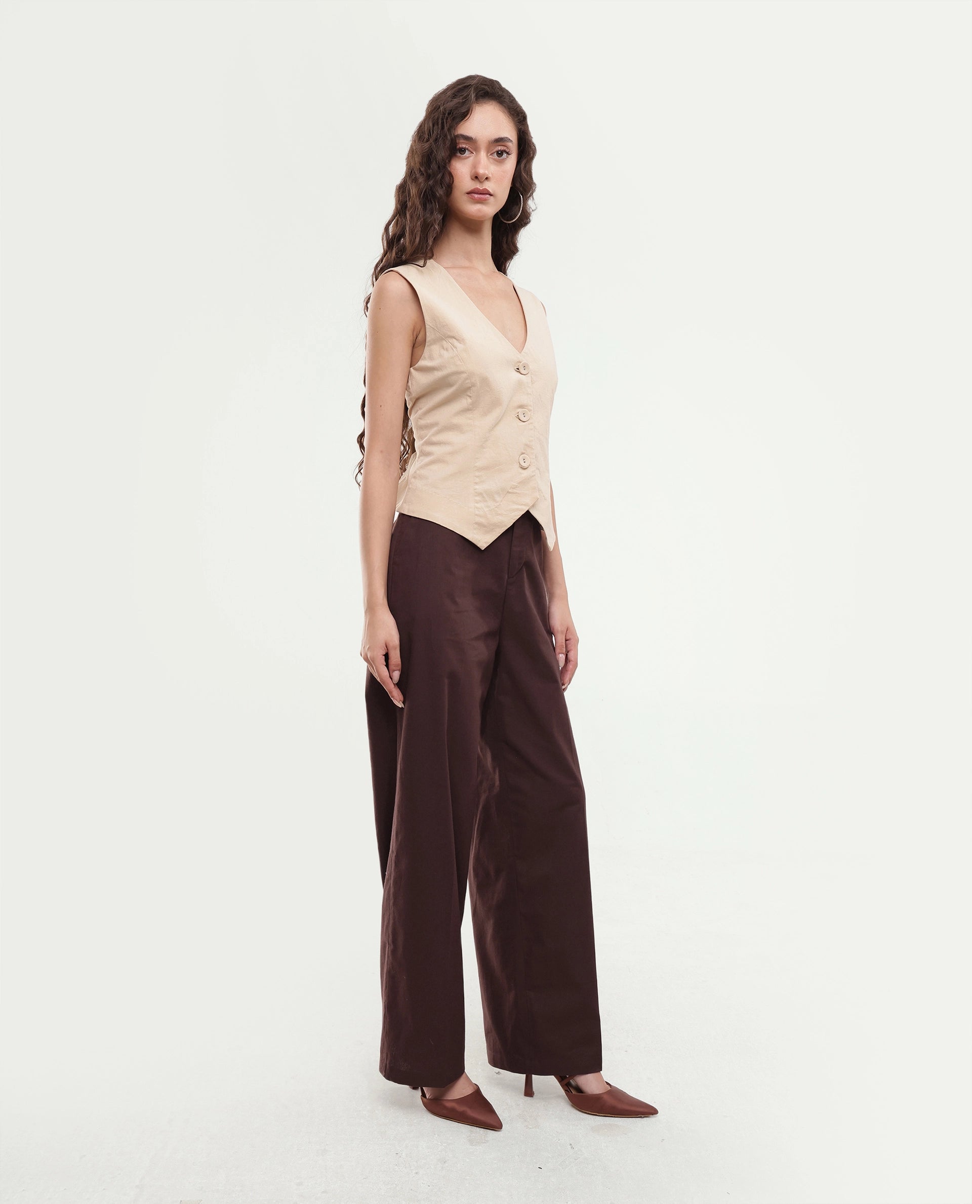 Rareism Women's Stem Dark Brown Cotton Button And Zip Straight Trouser