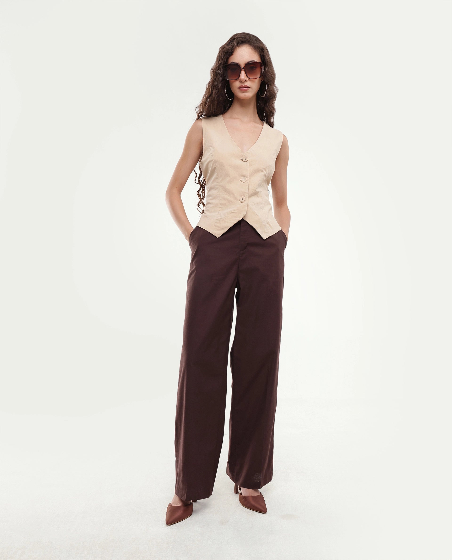 Rareism Women's Stem Dark Brown Cotton Button And Zip Straight Trouser