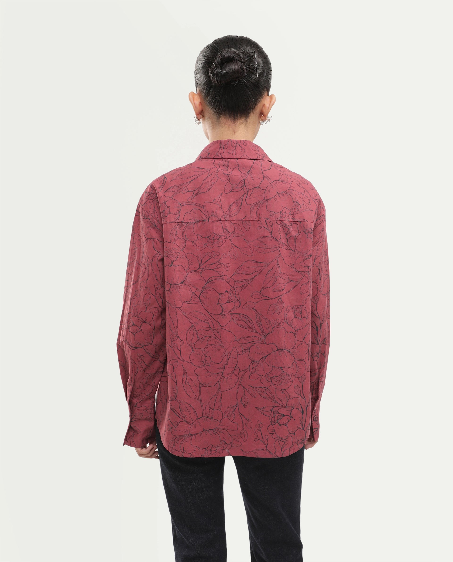 Rareism Women's Simba Dark Red Cotton Button Relaxed Fit Floral Print Shirt