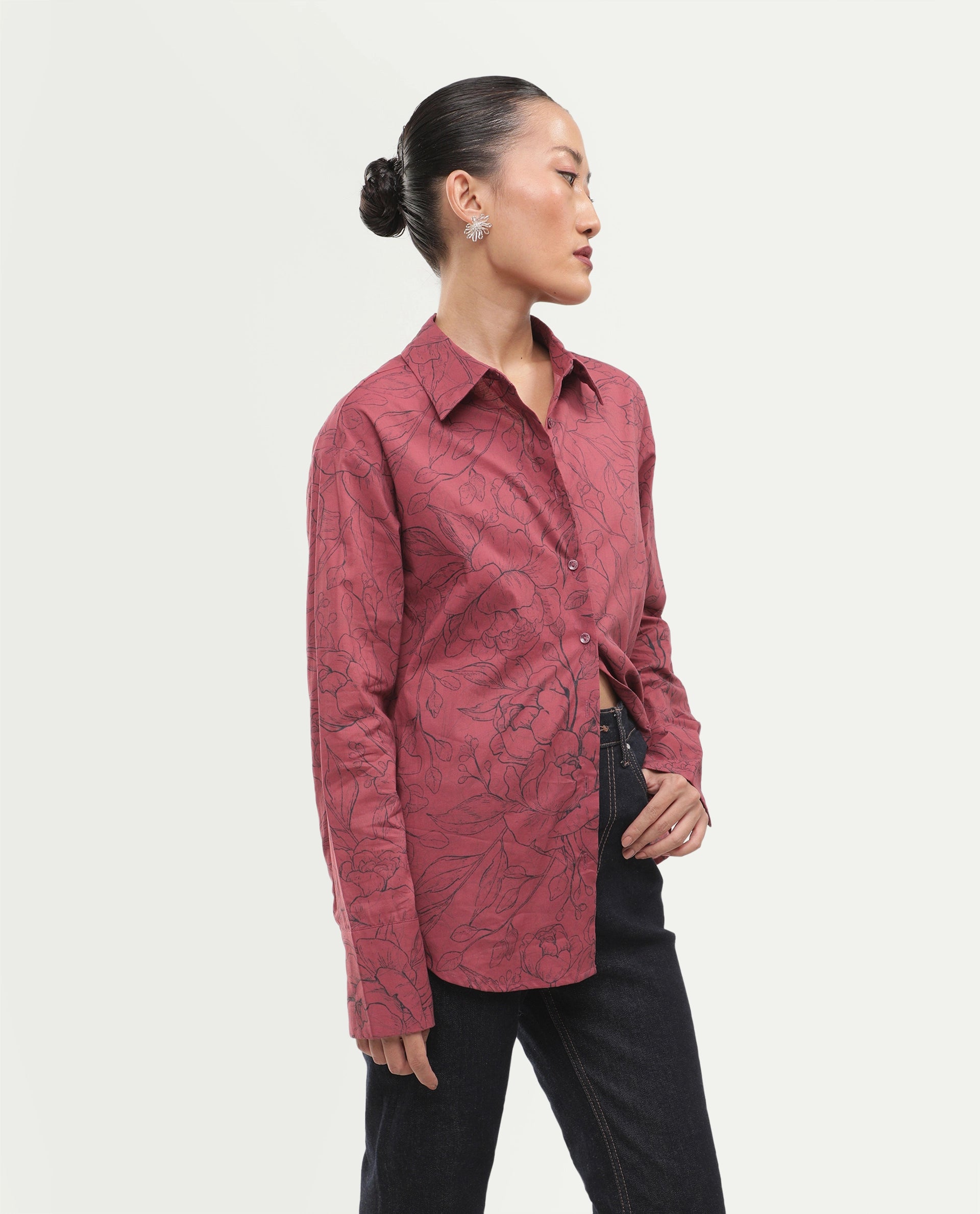 Rareism Women's Simba Dark Red Cotton Button Relaxed Fit Floral Print Shirt