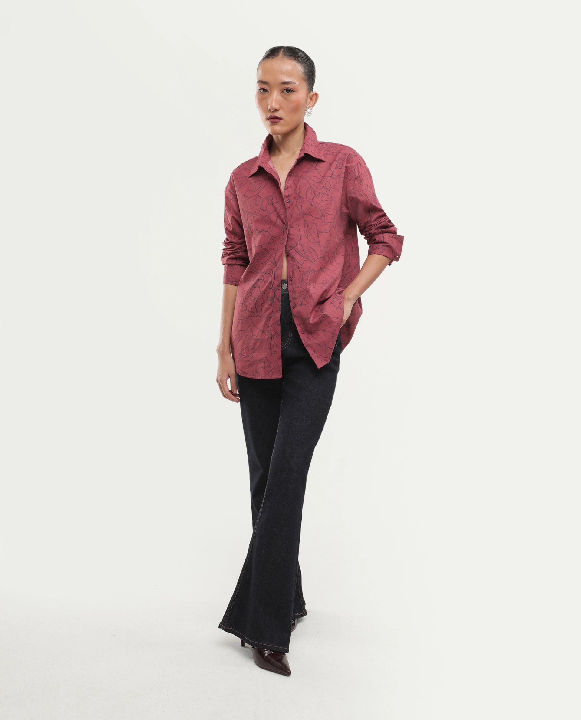 Rareism Women's Simba Dark Red Cotton Button Relaxed Fit Floral Print Shirt