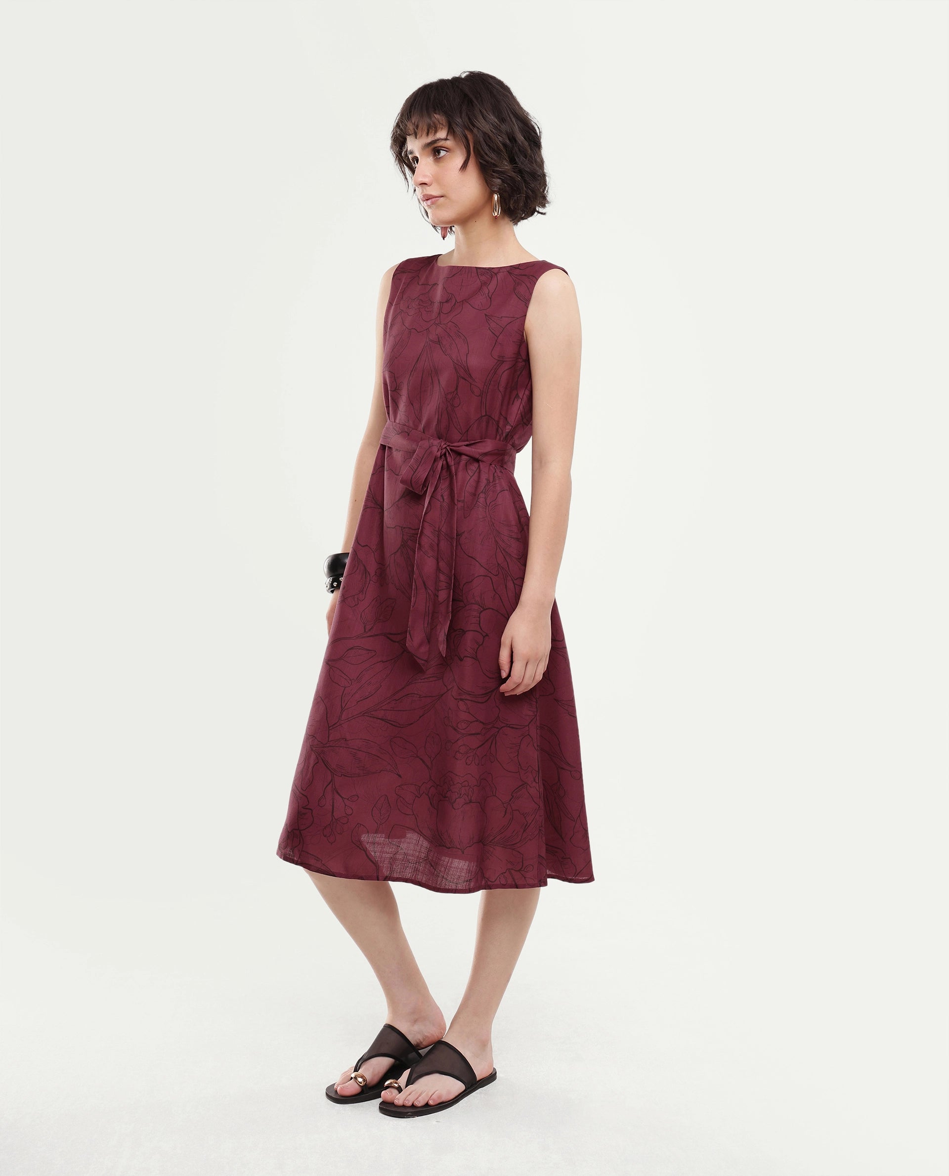 Rareism Women's Straw Dark Red Polyester Pull-On A-Line Floral Print Dress