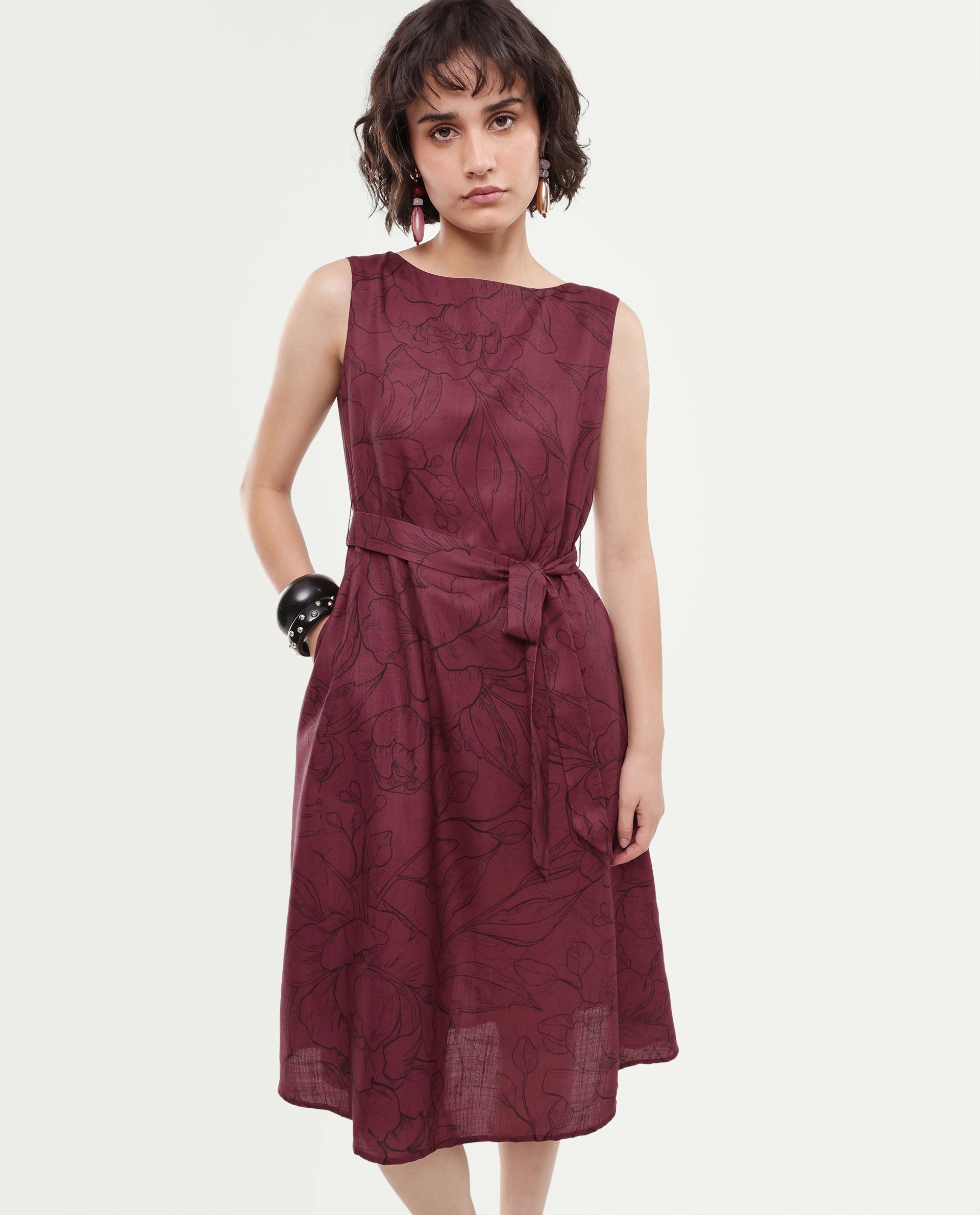 Rareism Women's Straw Dark Red Polyester Pull-On A-Line Floral Print Dress