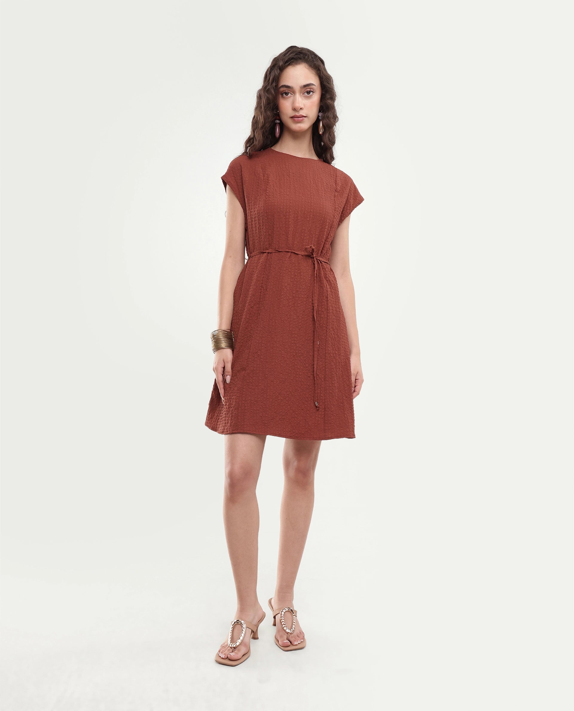 Rareism Women's Sorin Dark Rust Polyester Blend Button A-Line Dress