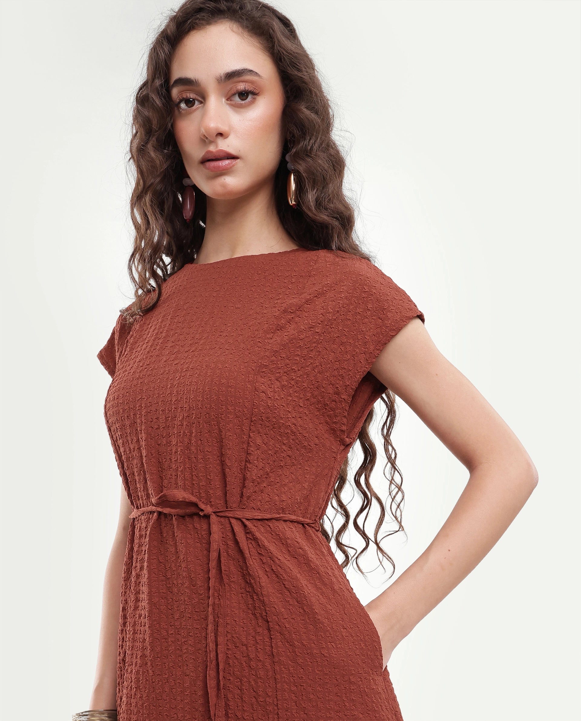 Rareism Women's Sorin Dark Rust Polyester Blend Button A-Line Dress