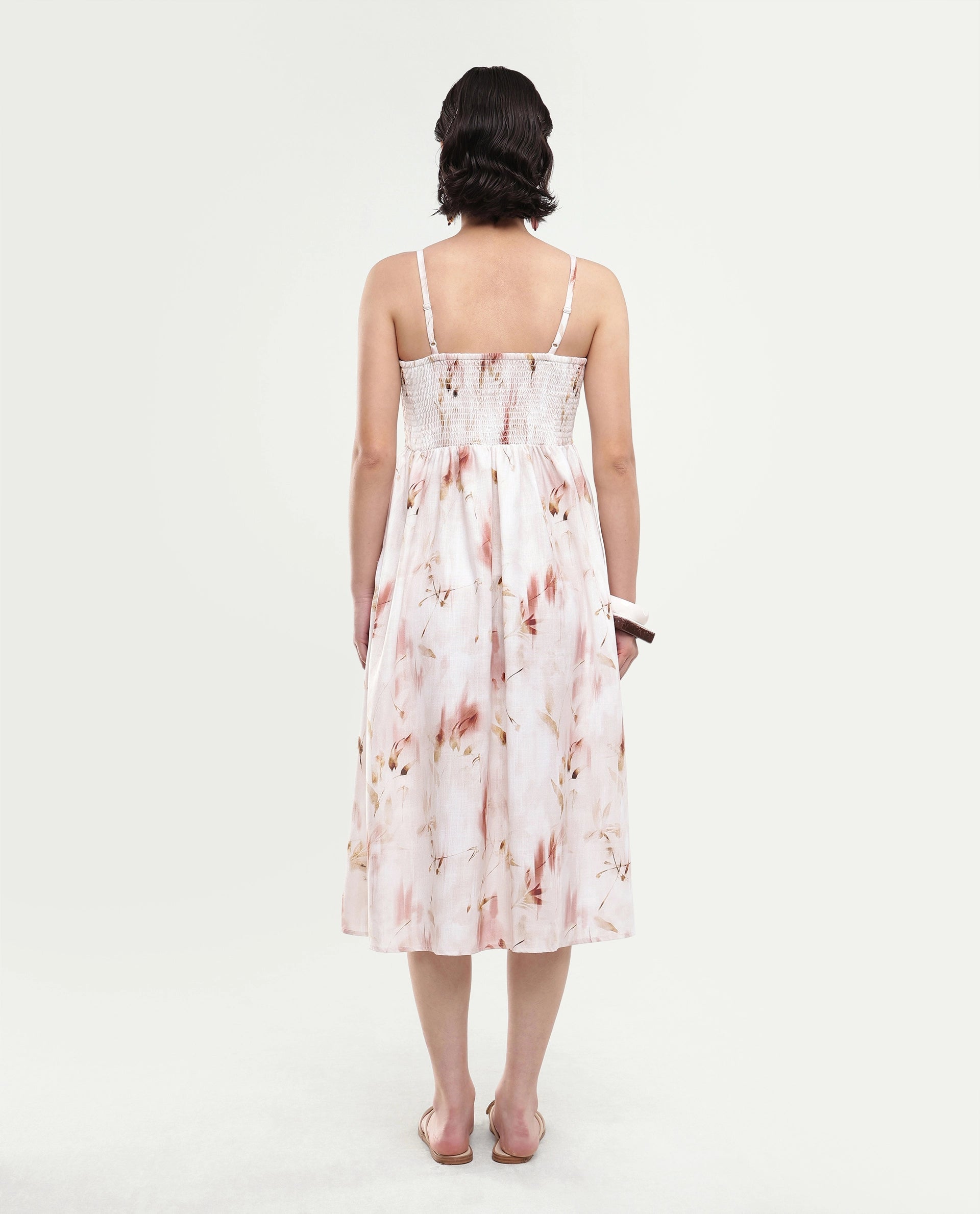 Rareism Women's Satix Beige Abstract Polyester Fit And Flare Sleeveless Dress