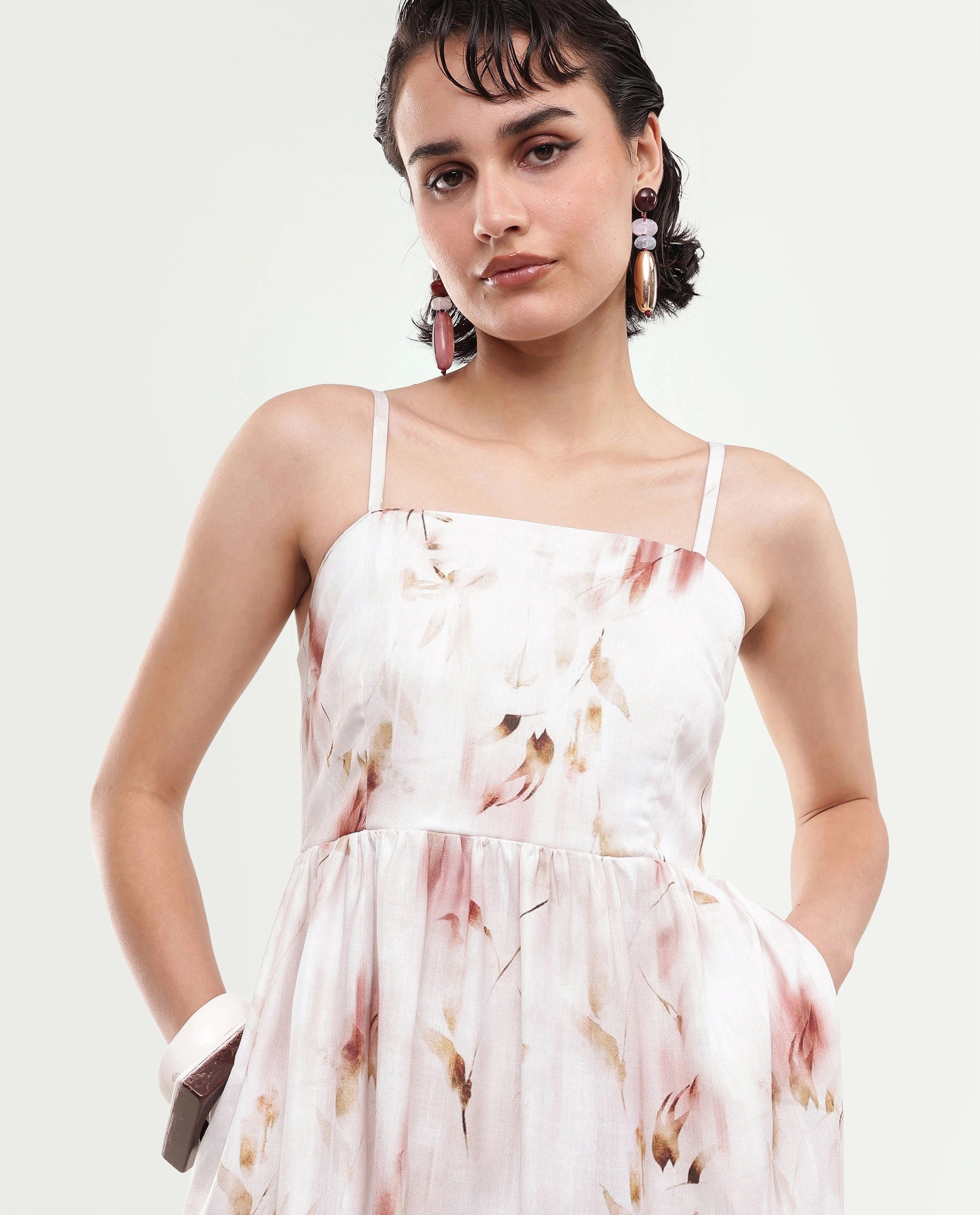 Rareism Women's Satix Beige Abstract Polyester Fit And Flare Sleeveless Dress