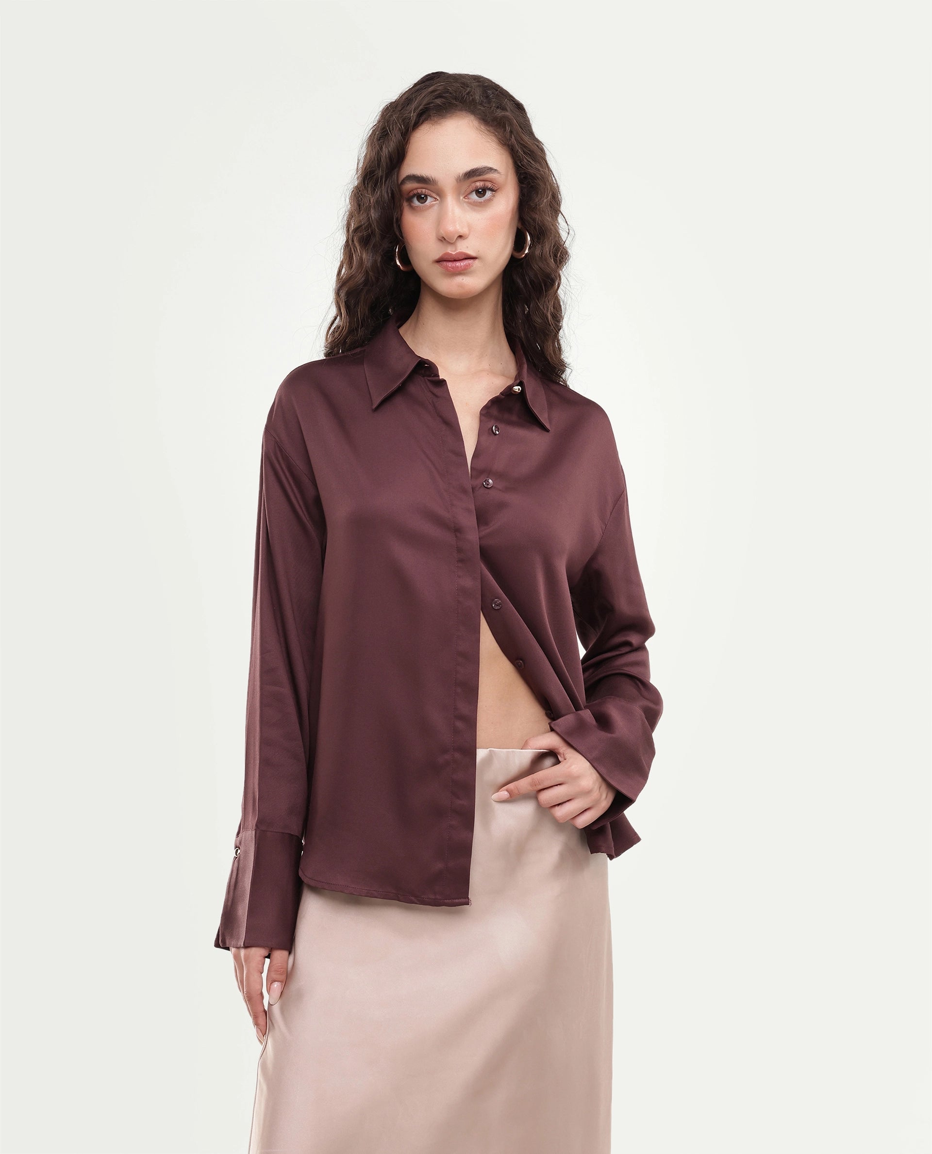 Rareism Women's Yorlen Brown Plain Viscose Regular Long Sleeves Shirt