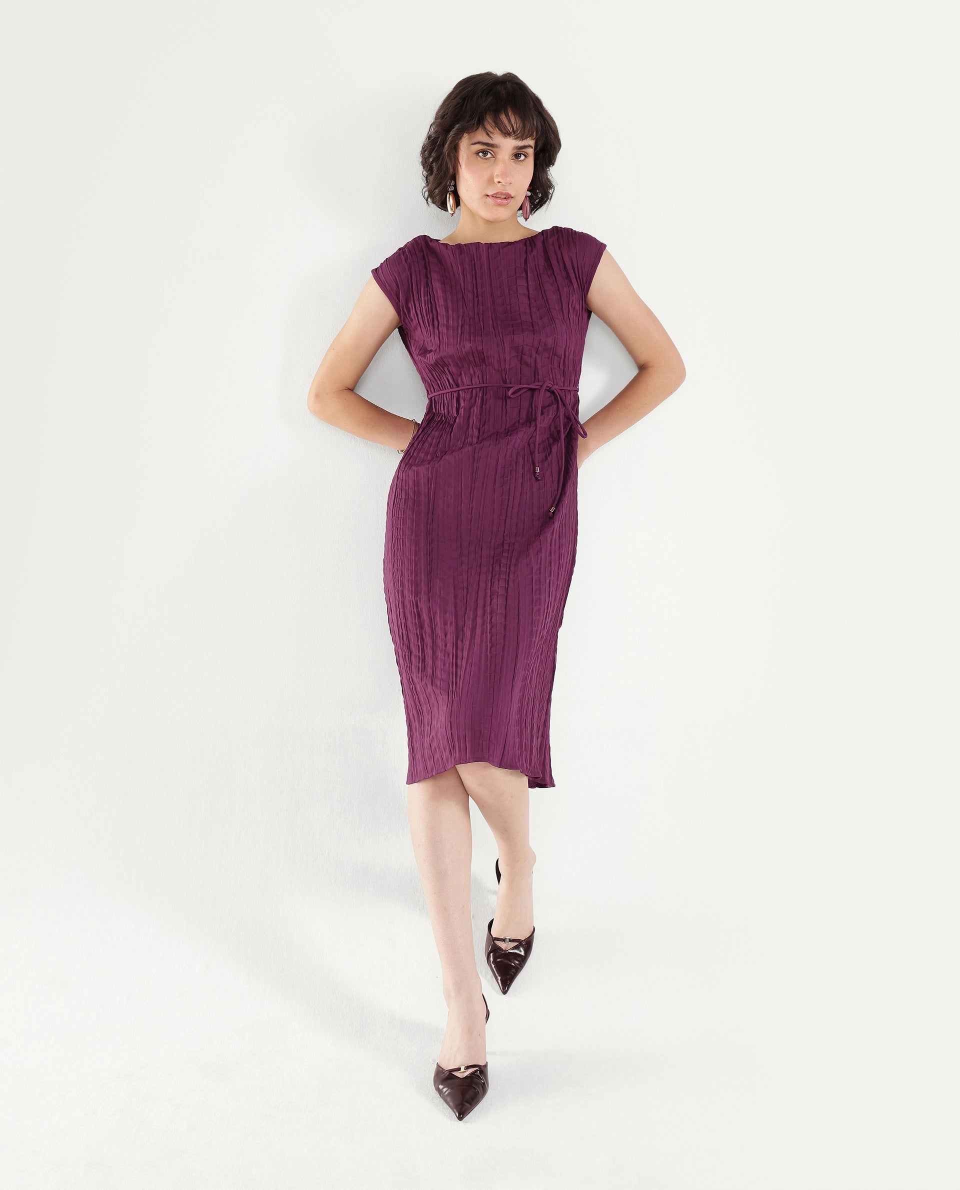 Rareism Women's Sacon Dusky Purple Textured Polyester Regular Fit Short Sleeve Dress