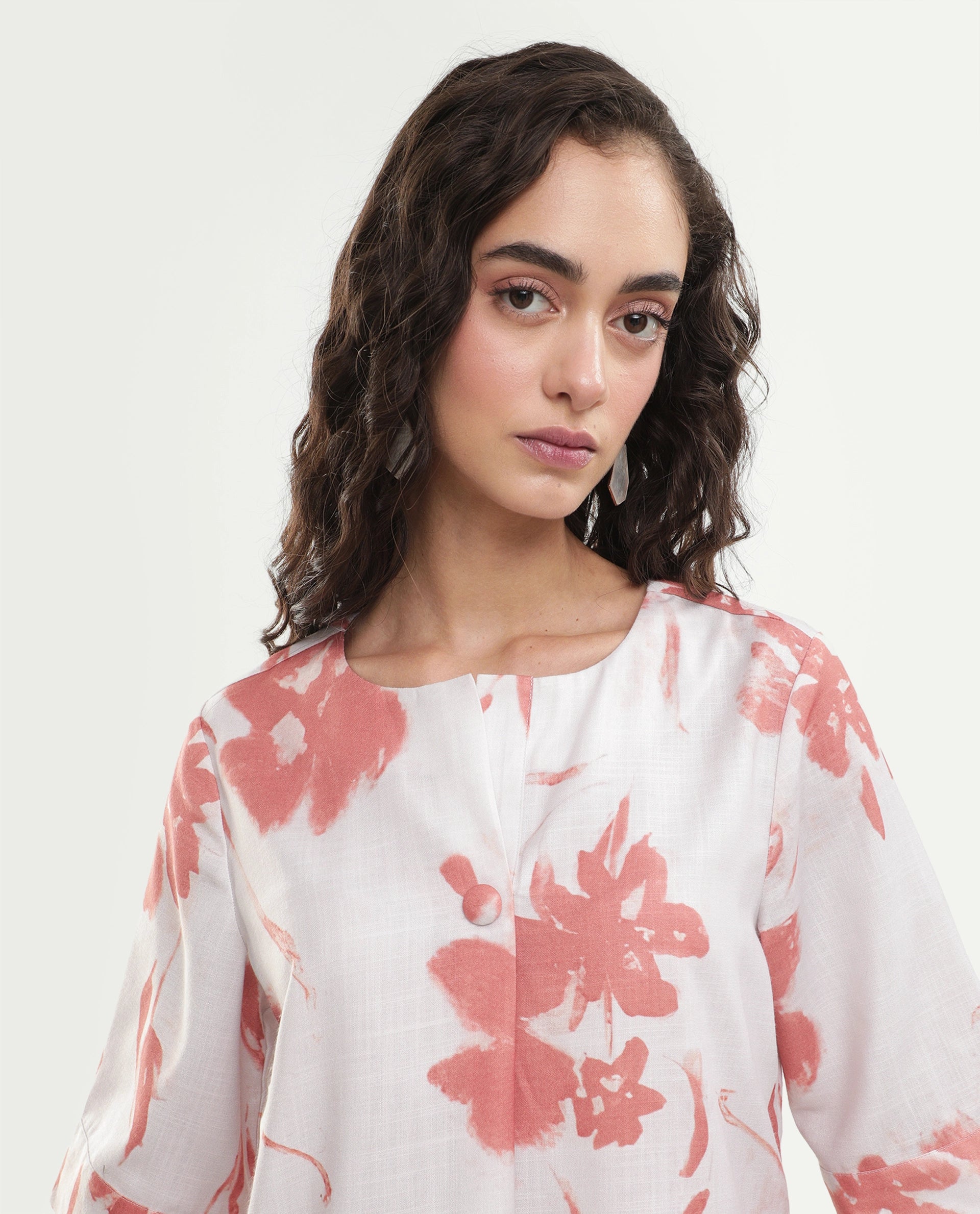 Rareism Women's Slana Beige Polyester Button Regular Fit Floral Print Top