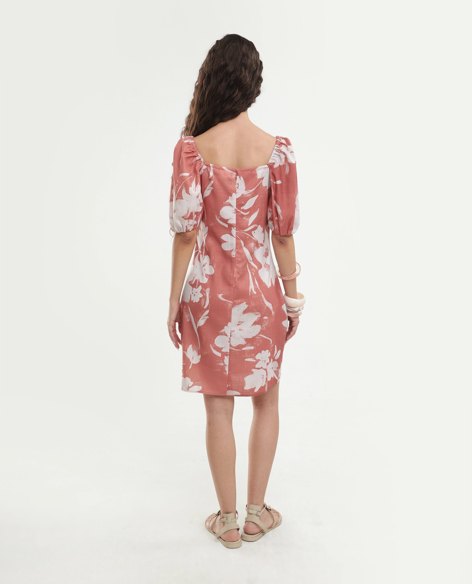 Rareism Women's Stefin Dusky Orange Polyester Button And Zip Fitted Floral Print Dress