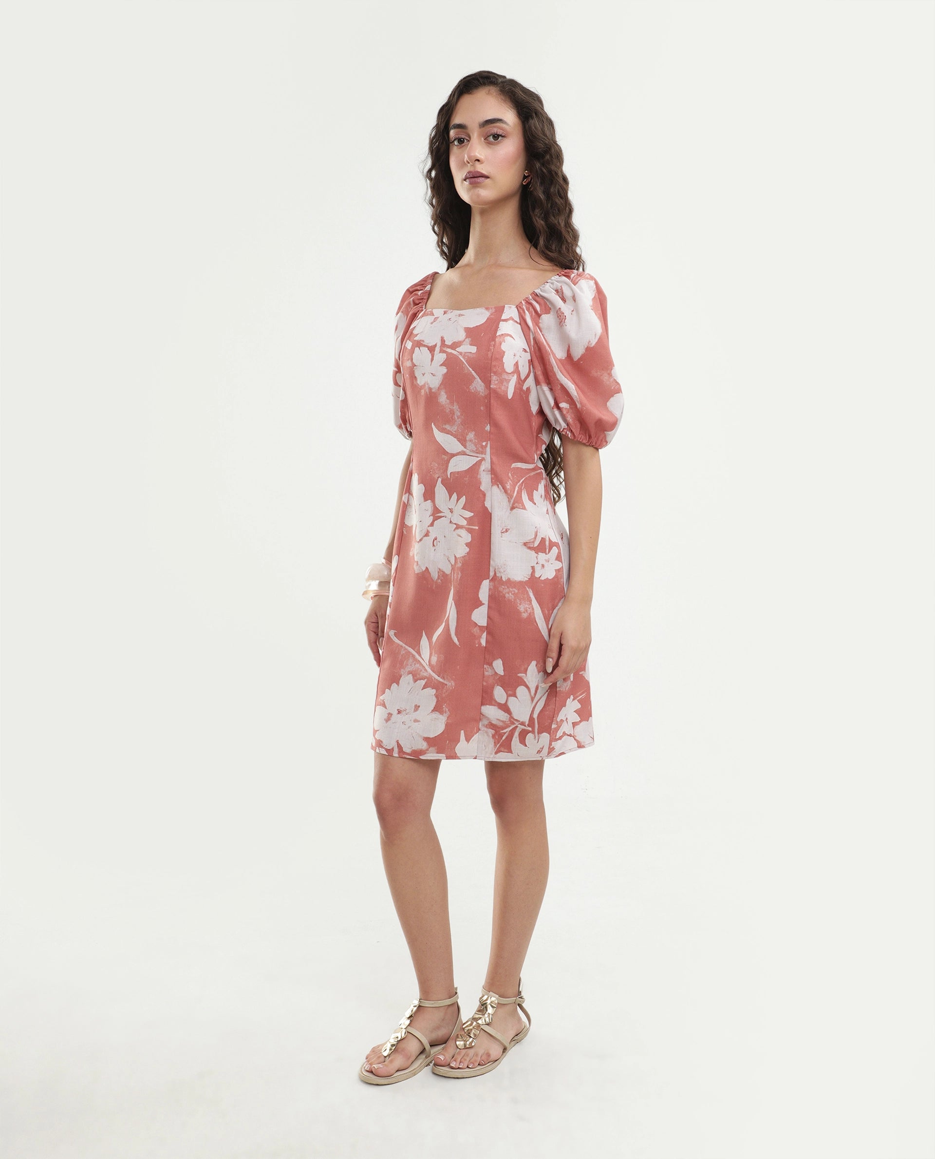 Rareism Women's Stefin Dusky Orange Polyester Button And Zip Fitted Floral Print Dress