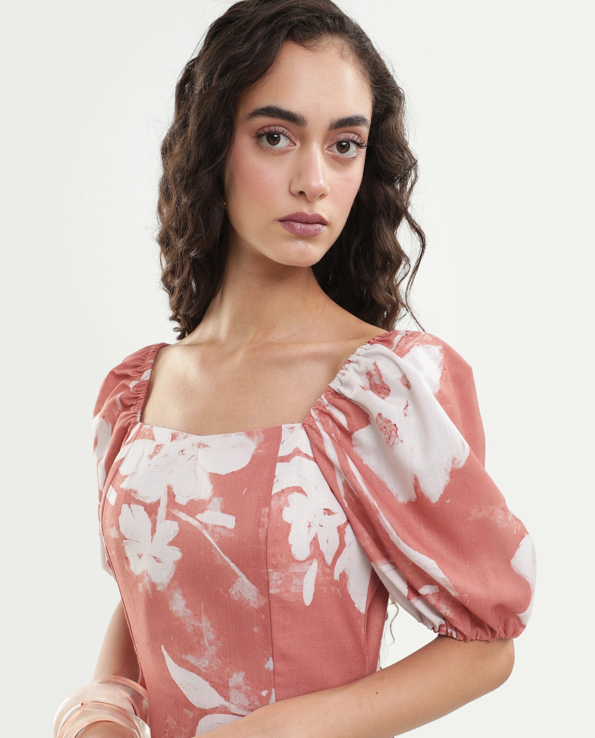 Rareism Women's Stefin Dusky Orange Polyester Button And Zip Fitted Floral Print Dress